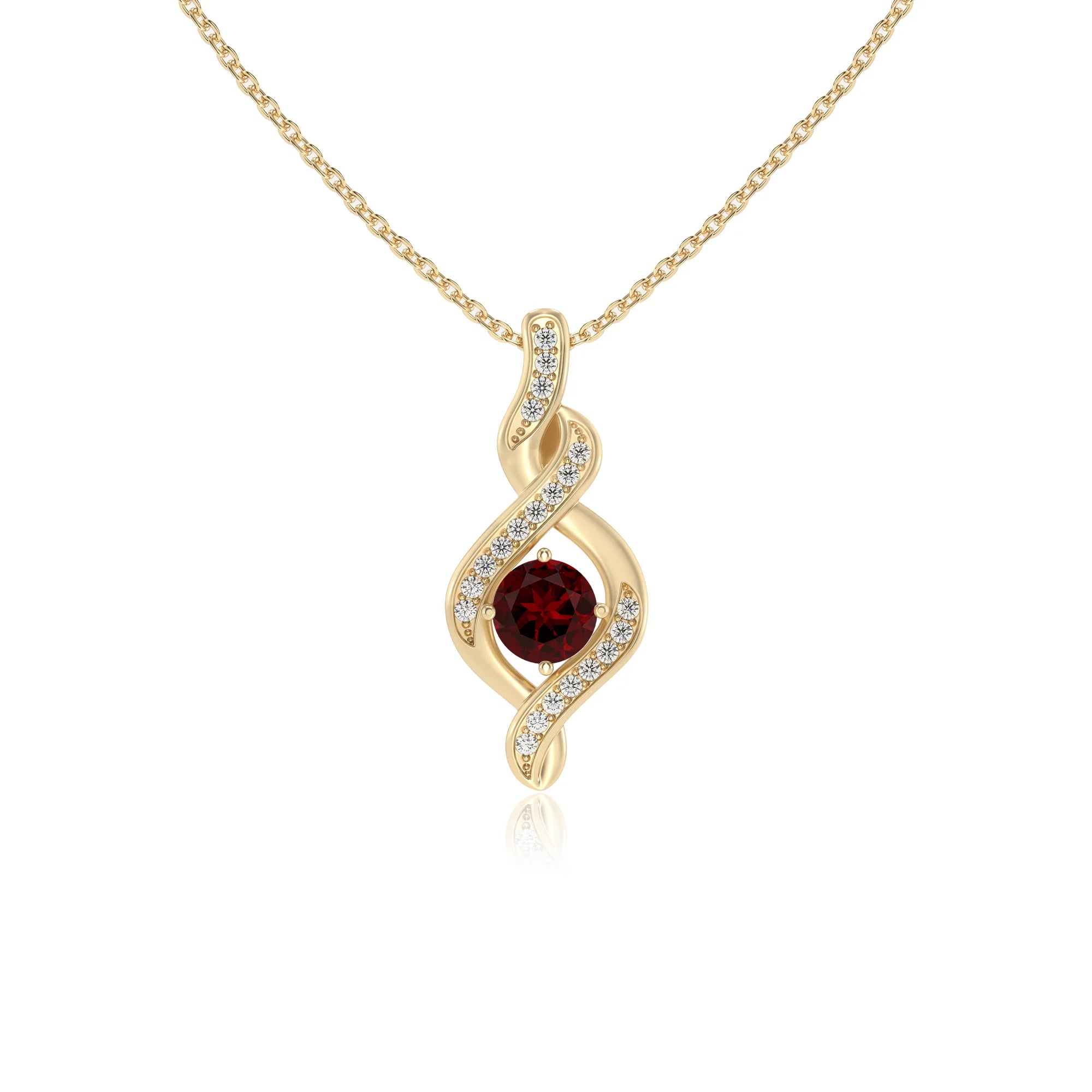 natural garnet round solitaire necklaces in yellow gold