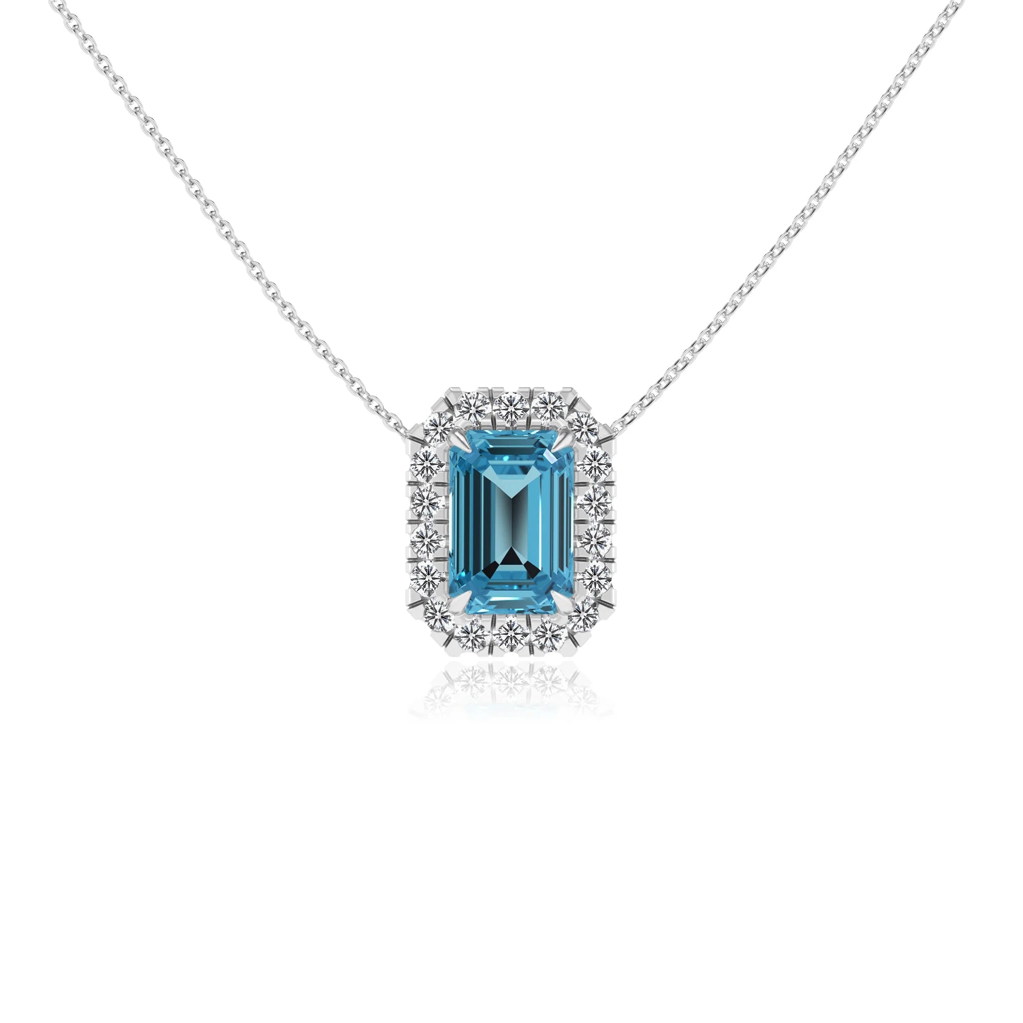 natural swiss blue topaz emerald cut solitaire necklaces in white gold
