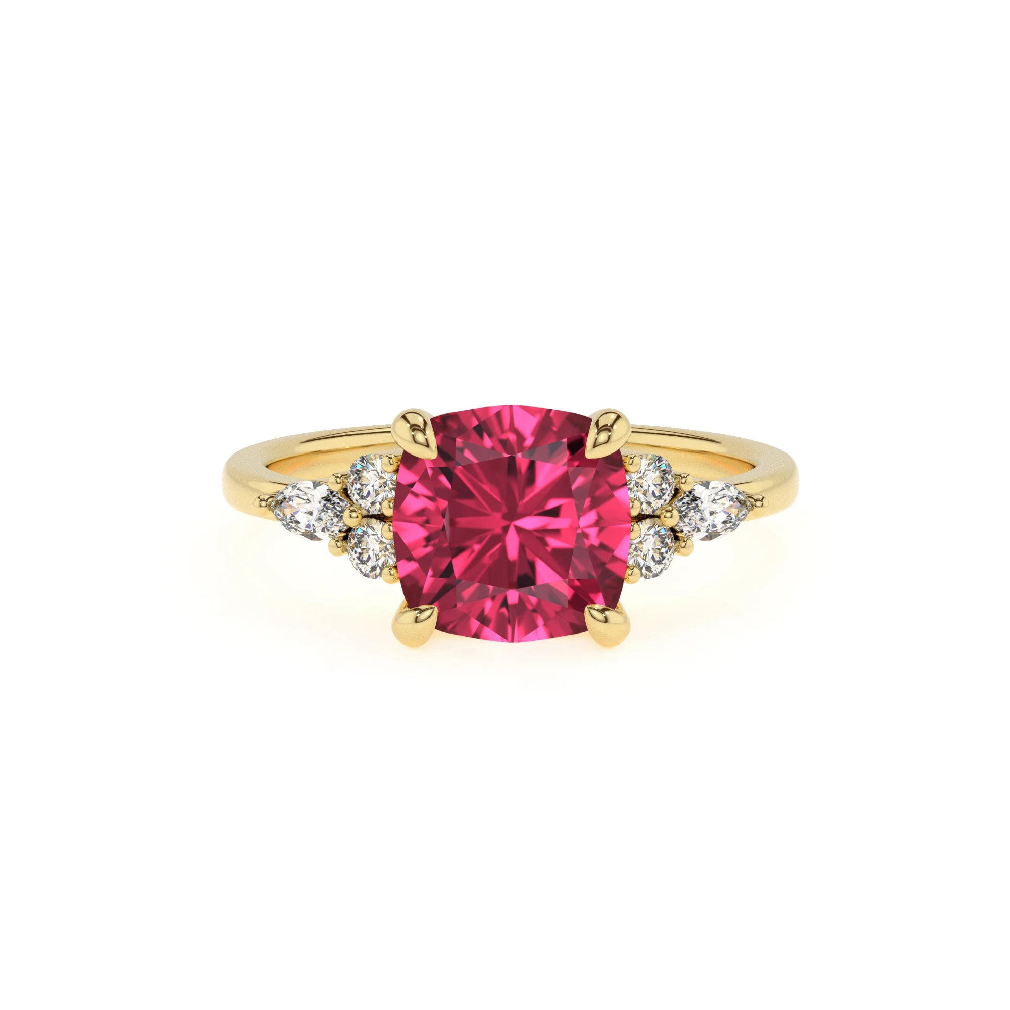 lab grown pink-tourmaline cushion solitaire rings in yellow gold