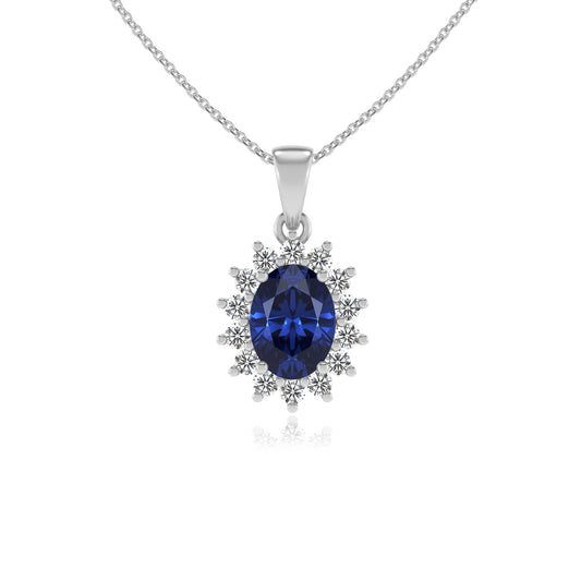 lab grown blue-sapphire oval halo necklaces in platinum