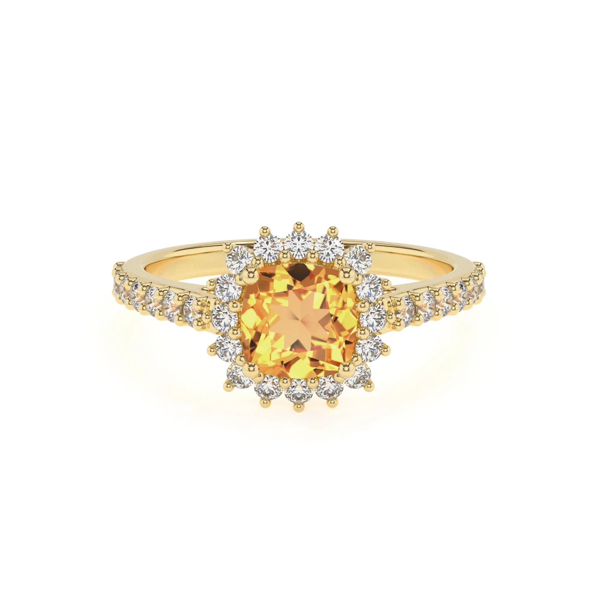 lab grown citrine cushion solitaire rings in yellow gold