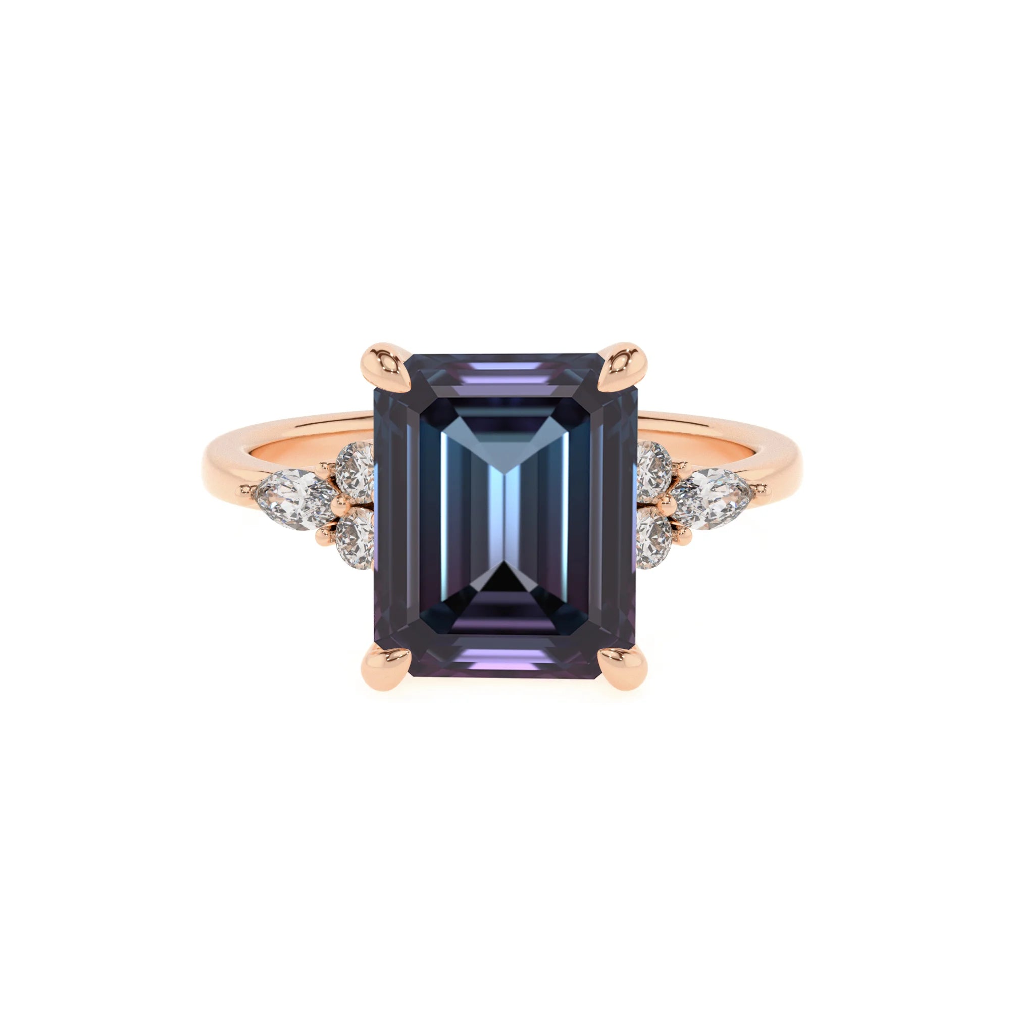 lab grown alexandrite emerald cut solitaire rings in rose gold