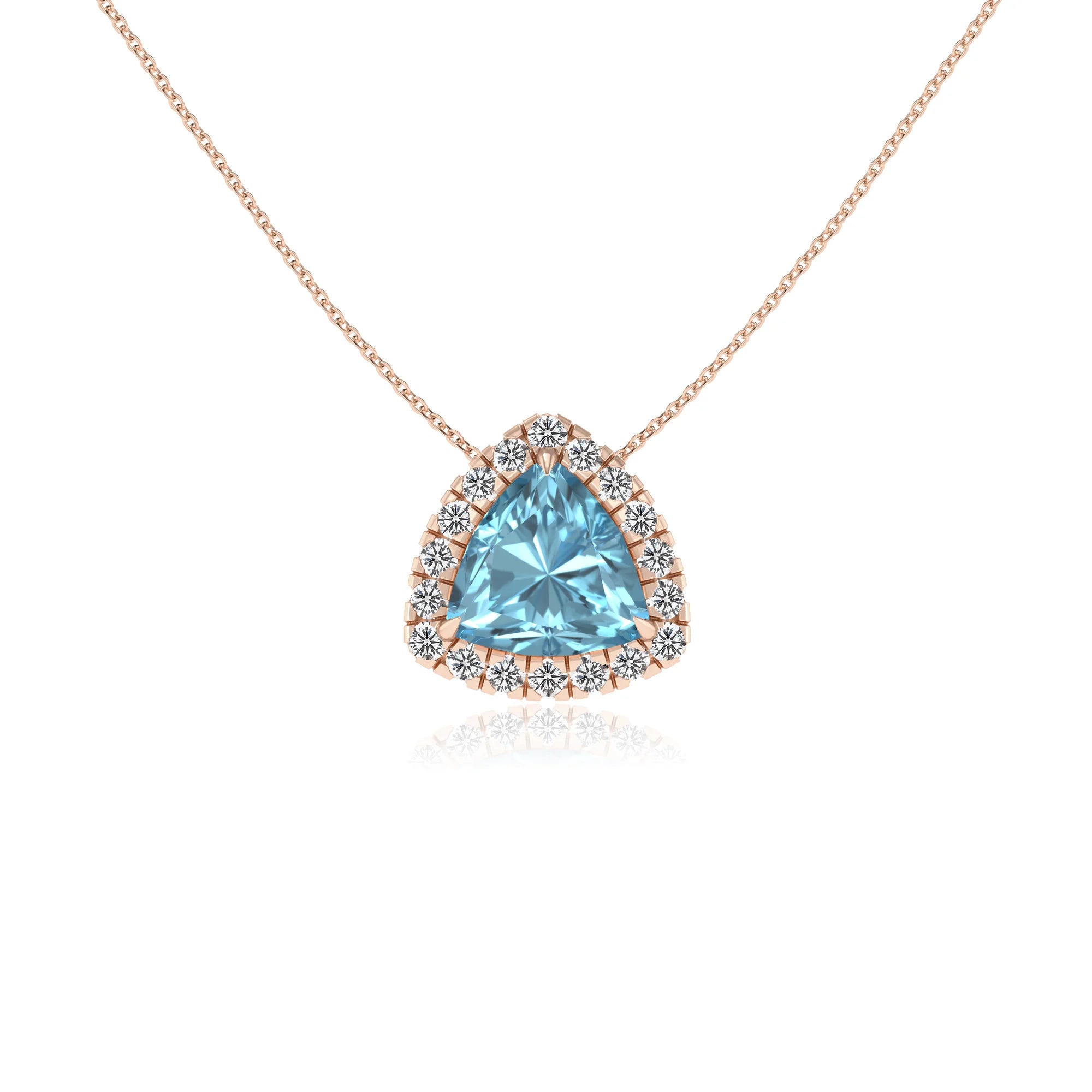 lab grown aquamarine trillion solitaire necklaces in rose gold