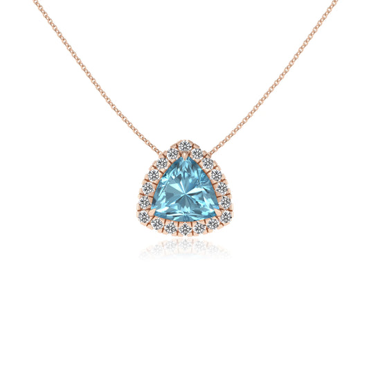 lab grown aquamarine trillion solitaire necklaces in rose gold