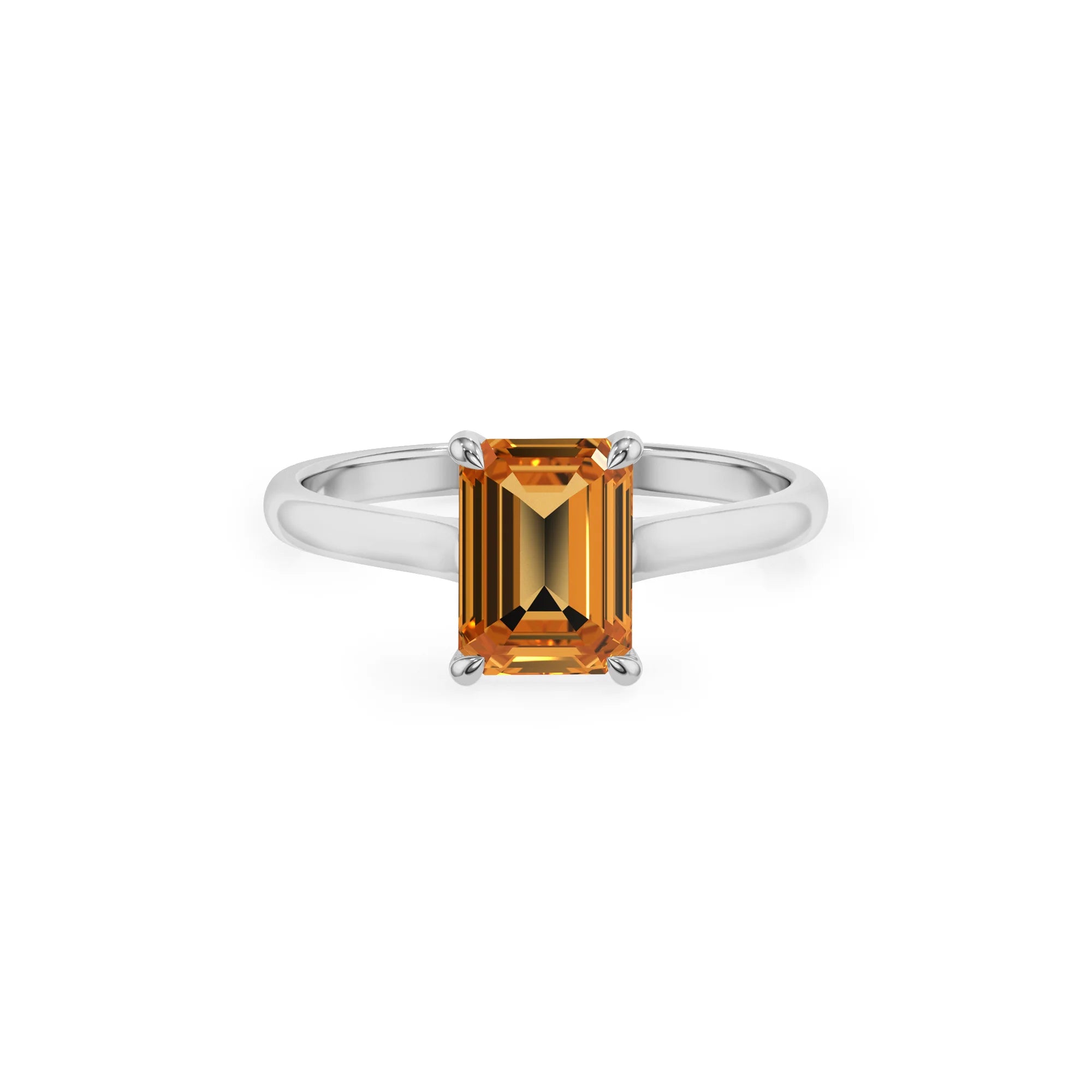 lab grown citrine emerald cut solitaire rings in platinum
