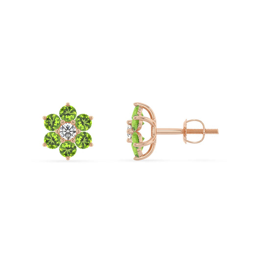 Natural Peridot Round Stud Earrings with Diamond