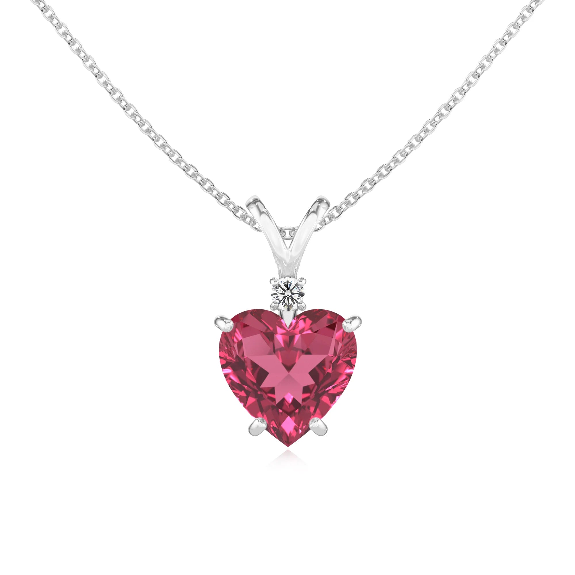 lab grown pink-tourmaline heart solitaire v-bale necklaces in white gold