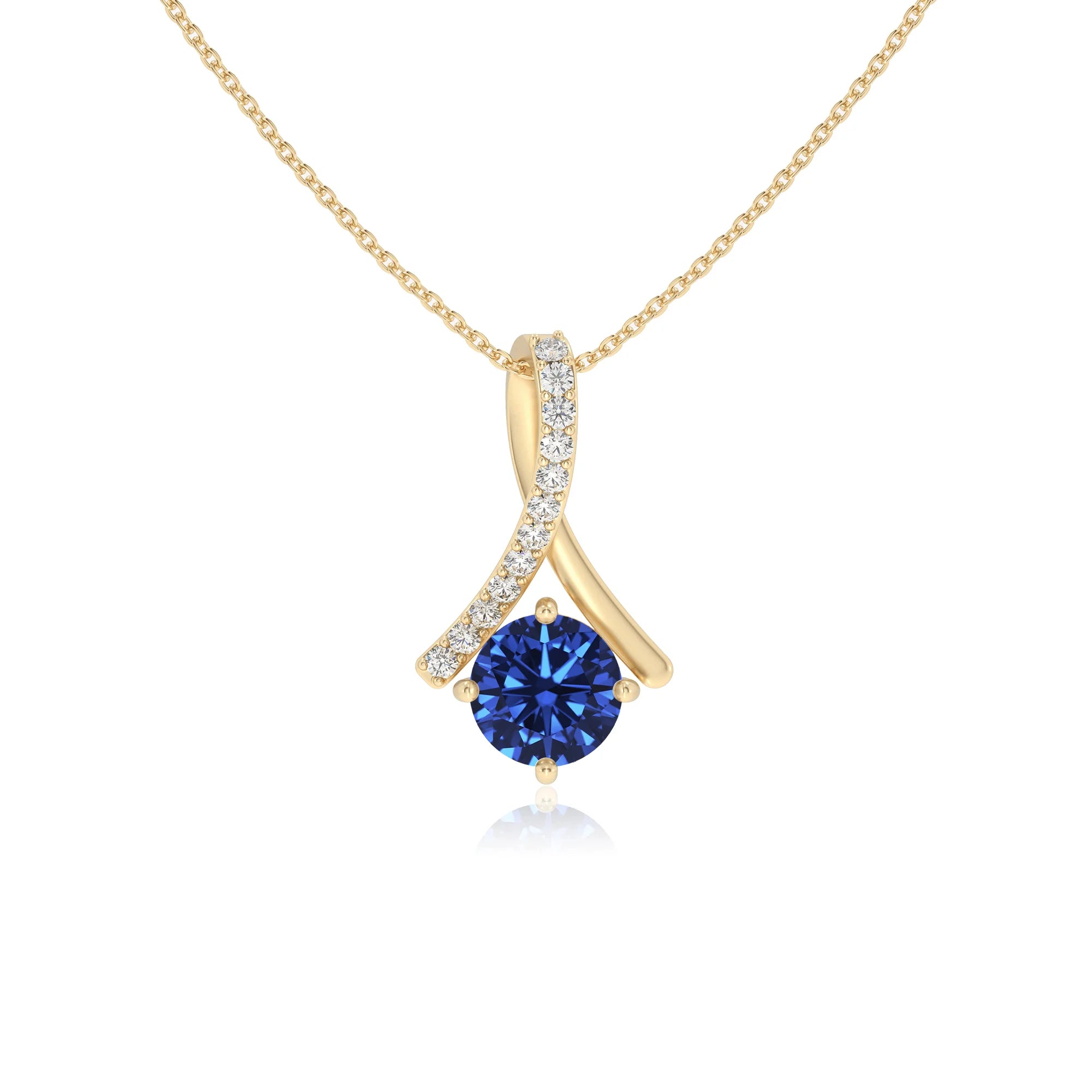 lab grown blue-sapphire round solitaire necklaces in yellow gold