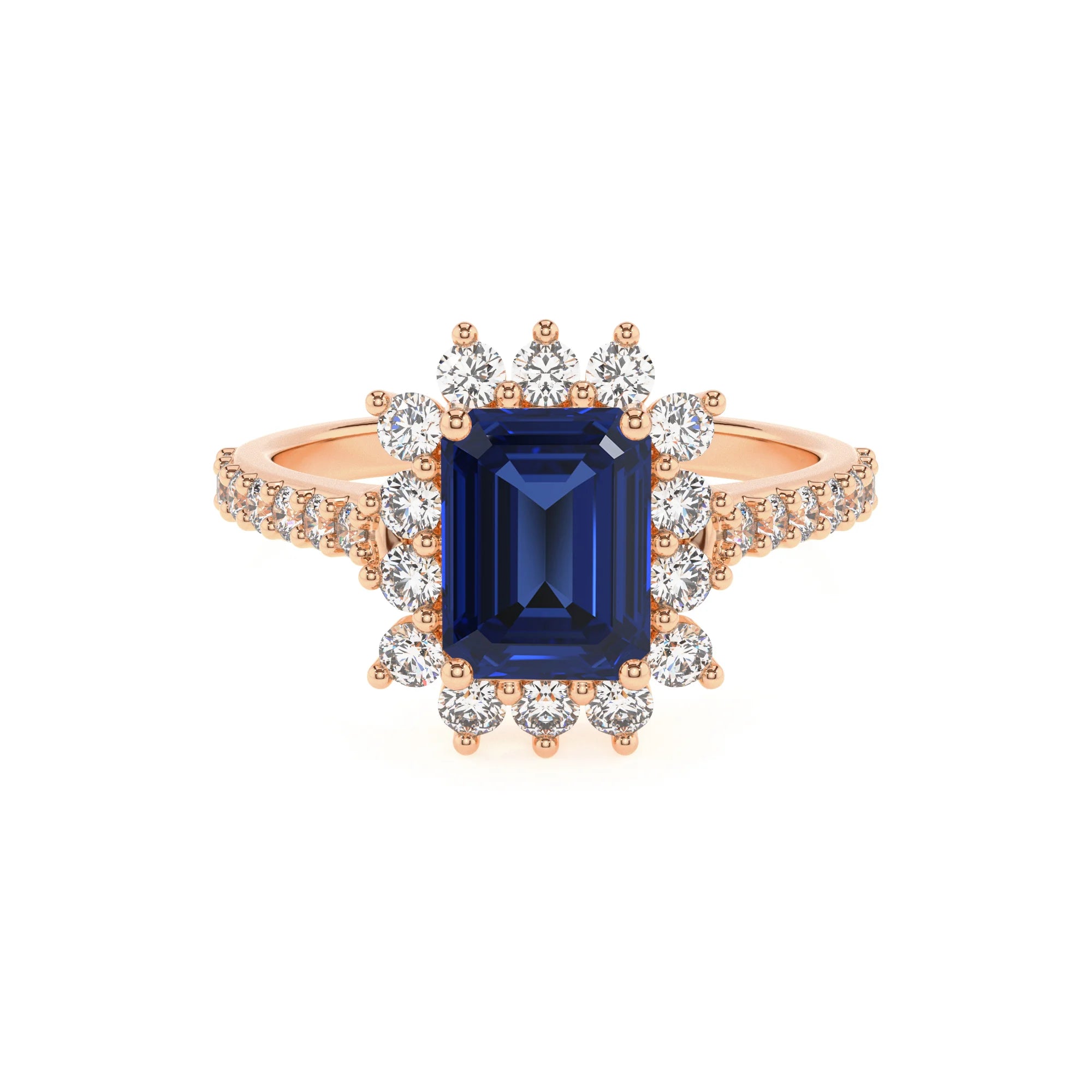 lab grown blue-sapphire emerald cut solitaire rings in rose gold