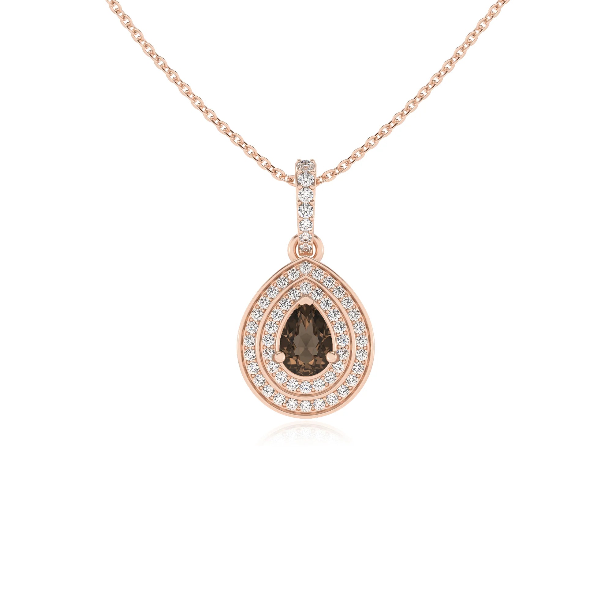 natural smoky-quartz pear halo necklaces in rose gold