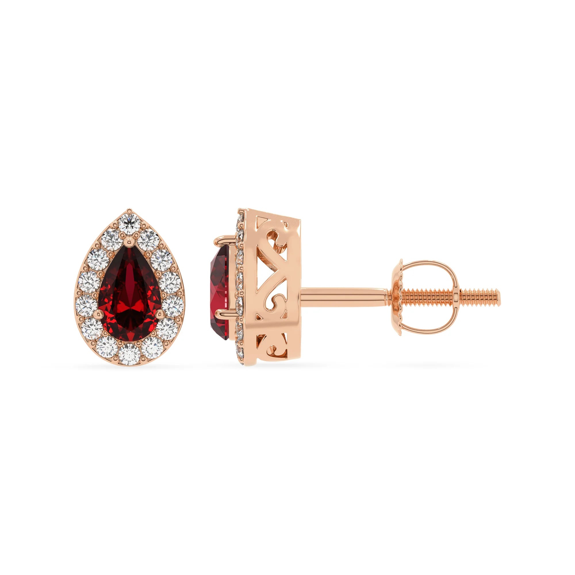 lab grown ruby pear stud earrings in rose gold