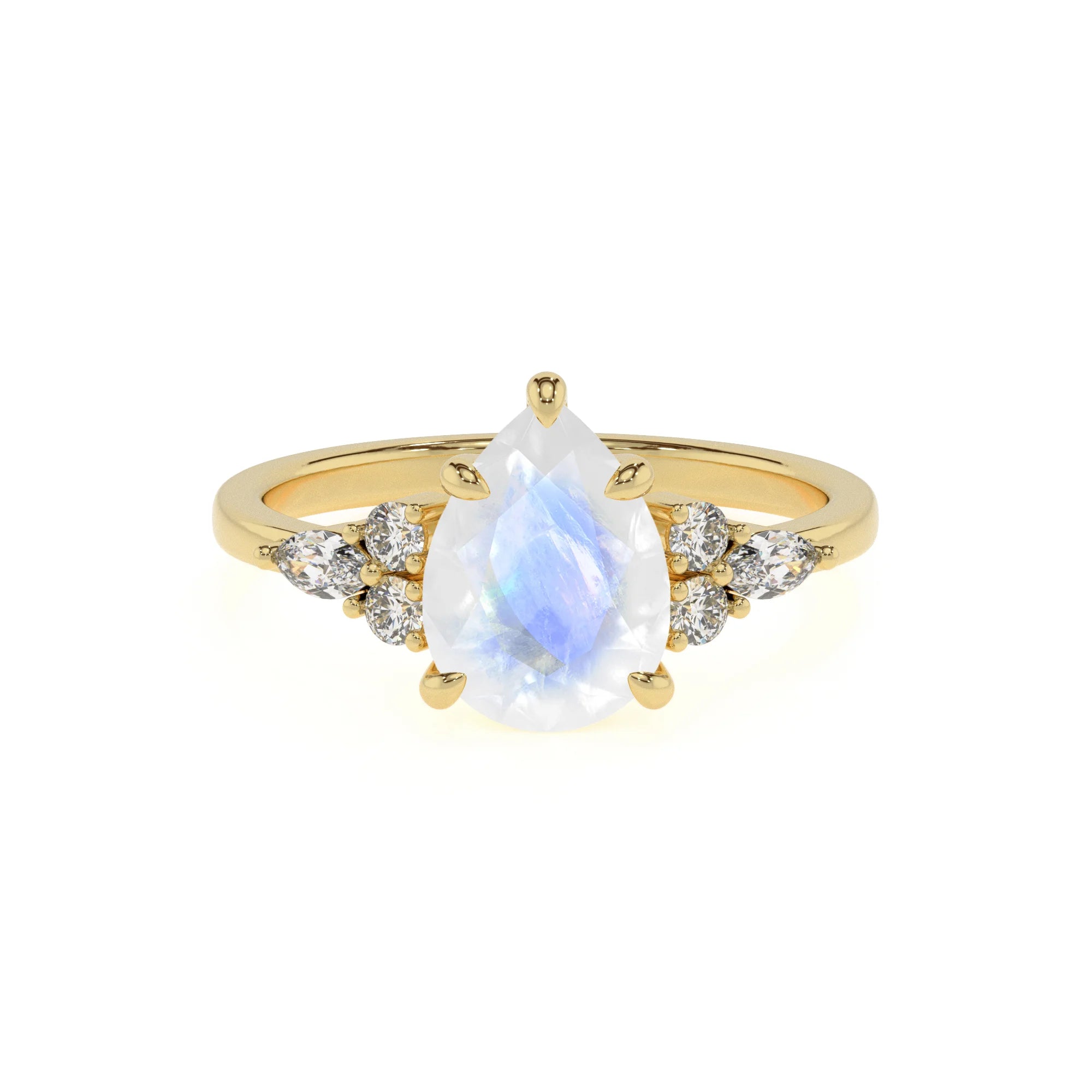 natural rainbow-moonstone pear solitaire rings in yellow gold