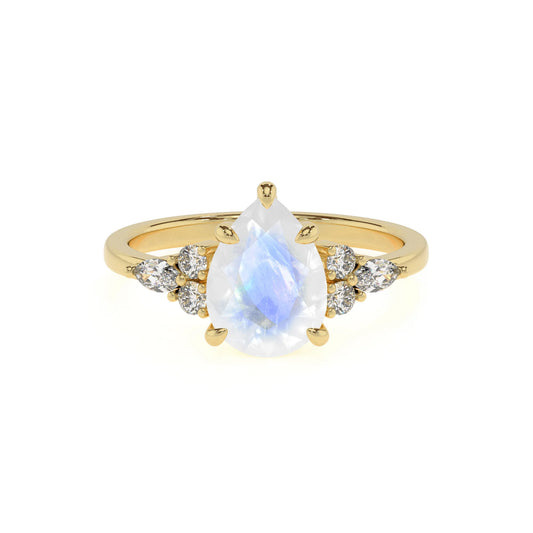natural rainbow-moonstone pear solitaire rings in yellow gold
