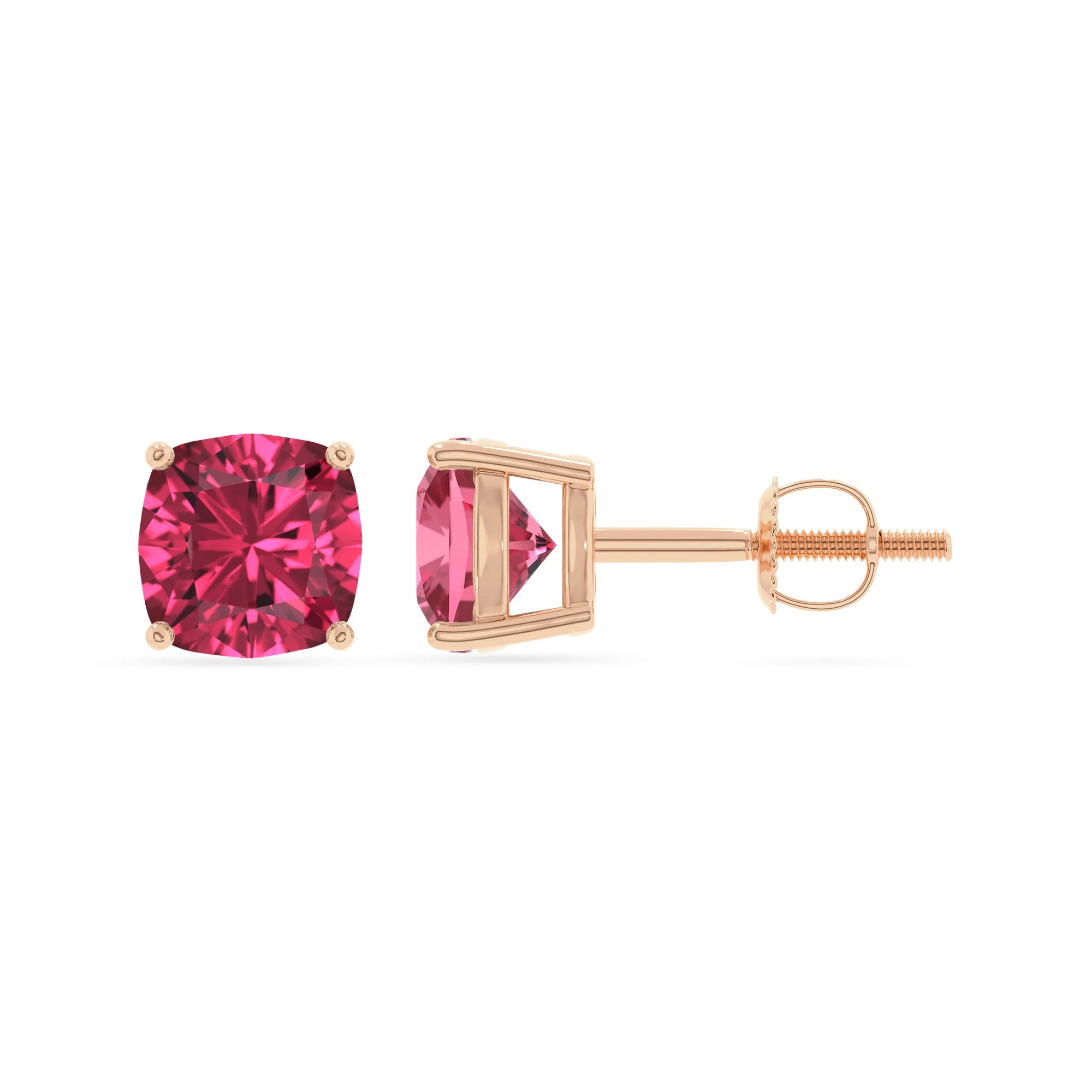 lab grown pink tourmaline cushion stud earrings in rose gold