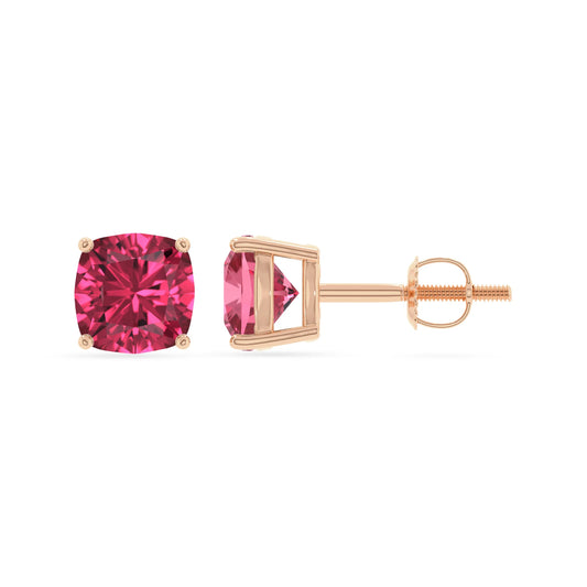 lab grown pink tourmaline cushion stud earrings in rose gold