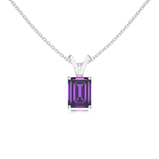 lab grown amethyst emerald cut solitaire v-bale necklaces in platinum