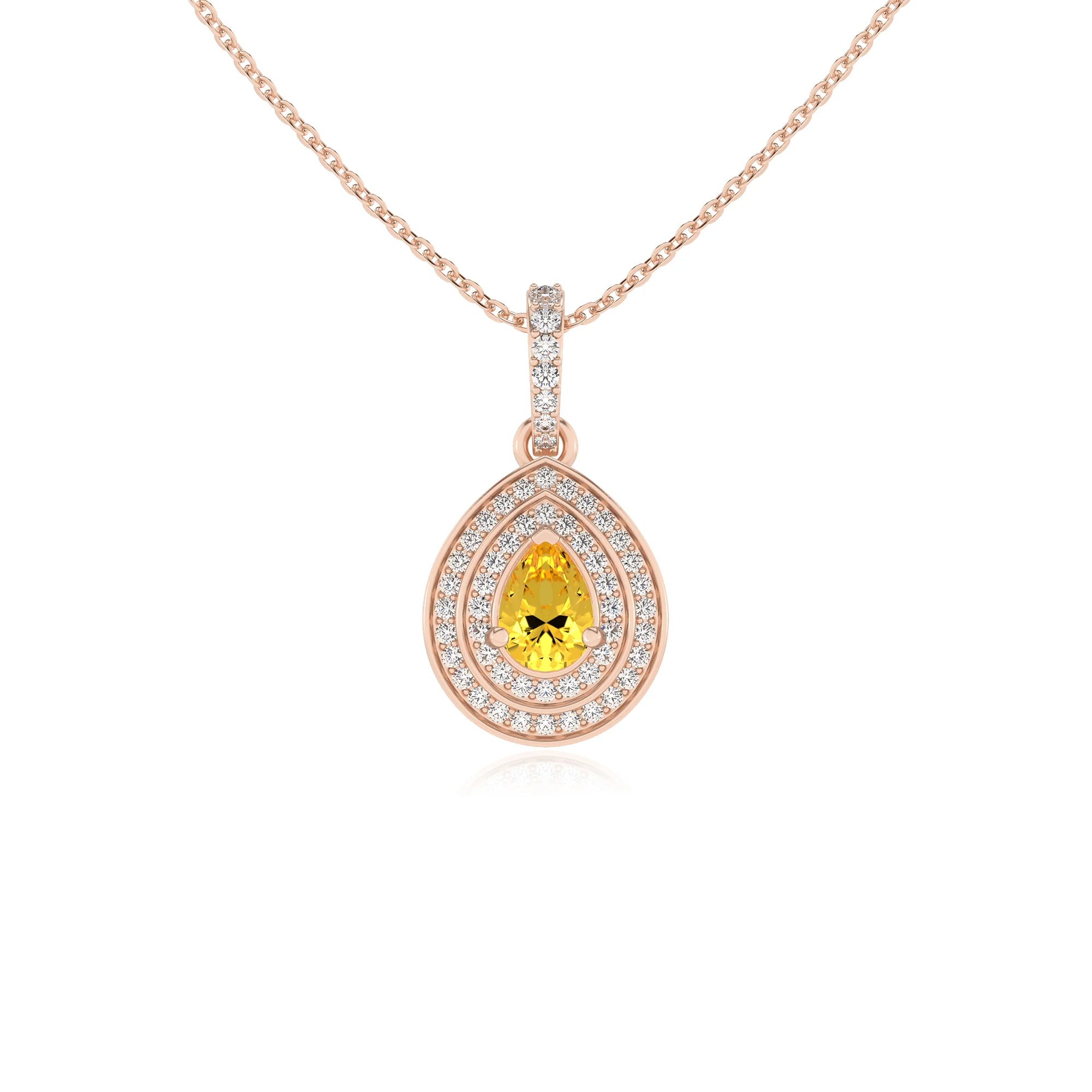 lab grown yellow-sapphire pear halo necklaces in rose gold