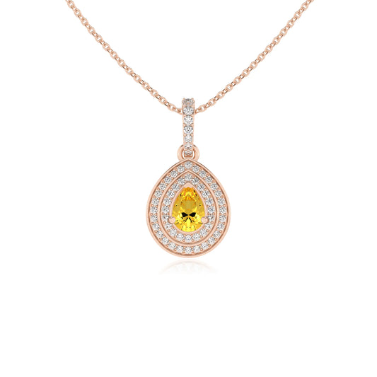 lab grown yellow-sapphire pear halo necklaces in rose gold