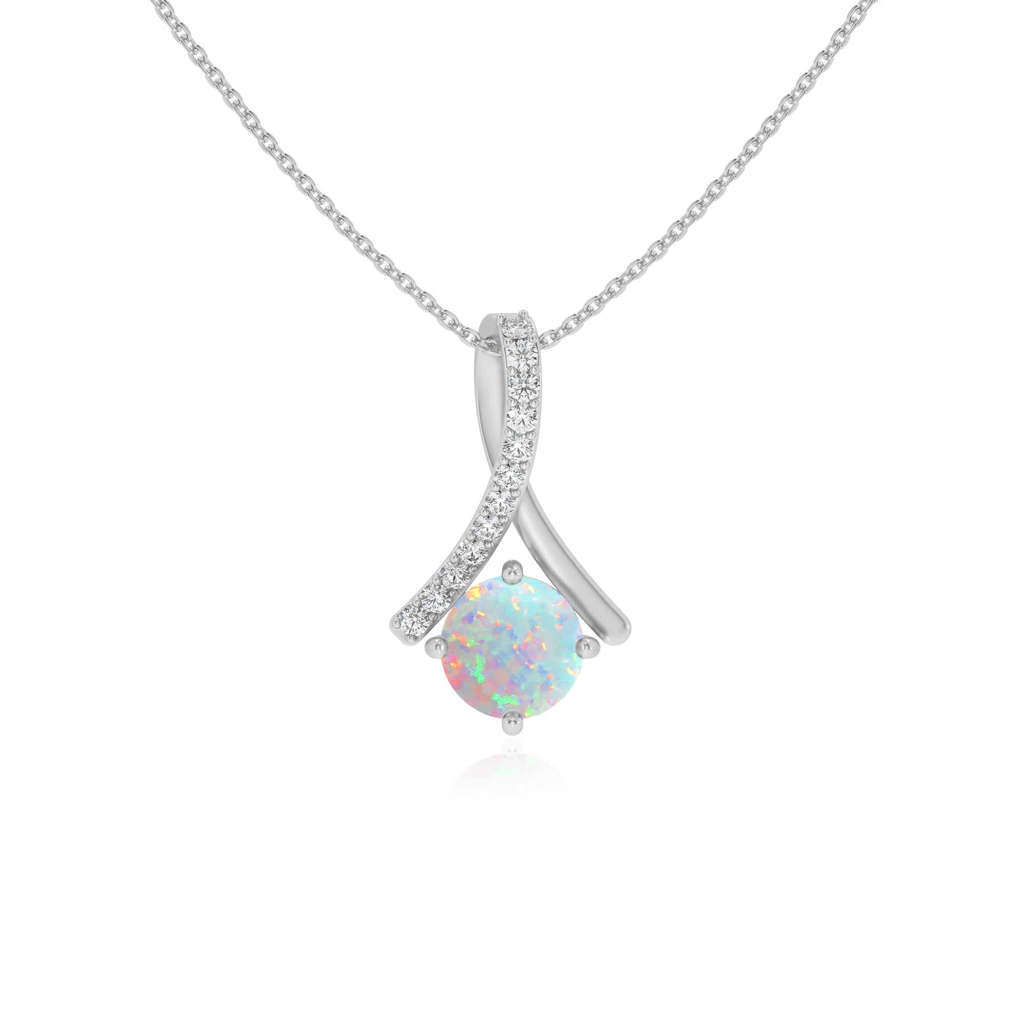 lab grown opal round solitaire necklaces in white gold