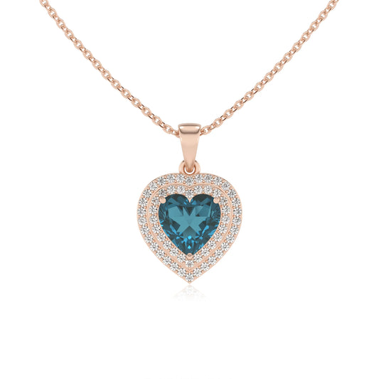 natural london blue topaz heart halo necklaces in rose gold