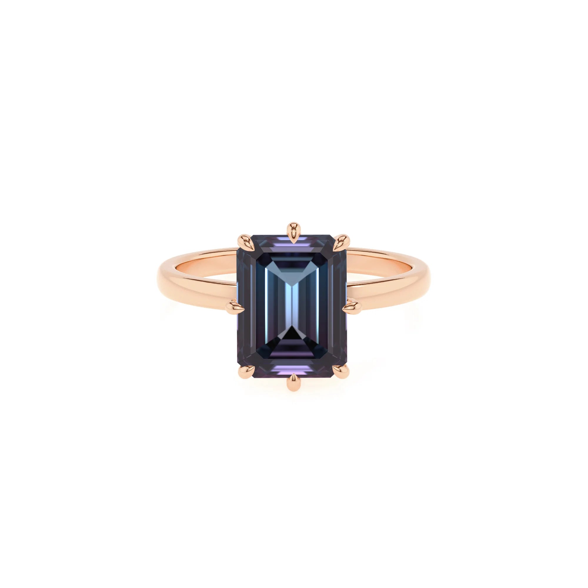 lab grown alexandrite emerald cut solitaire rings in rose gold