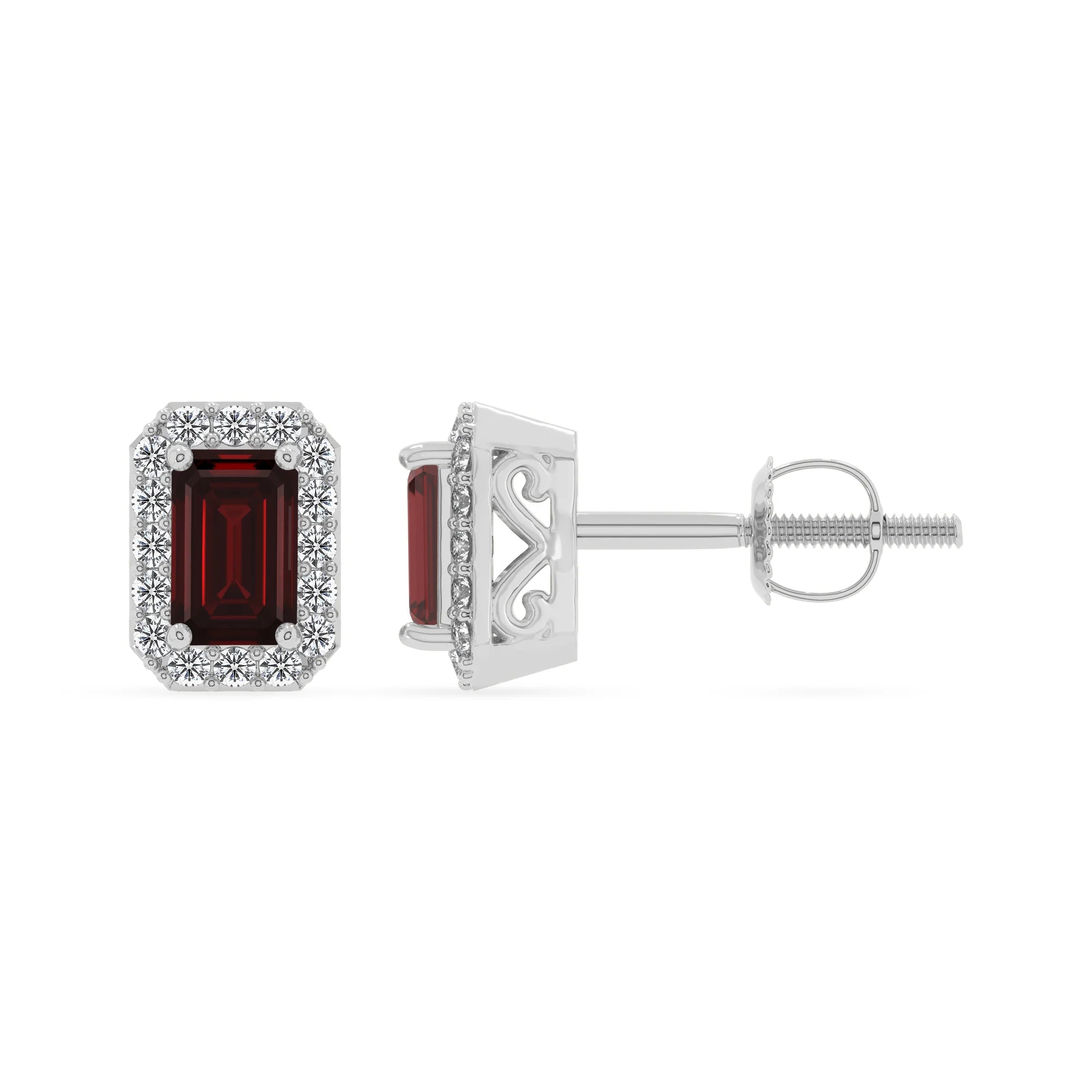 natural garnet emerald cut stud earrings in platinum