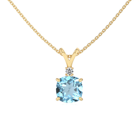lab grown aquamarine cushion solitaire v-bale necklaces in yellow gold