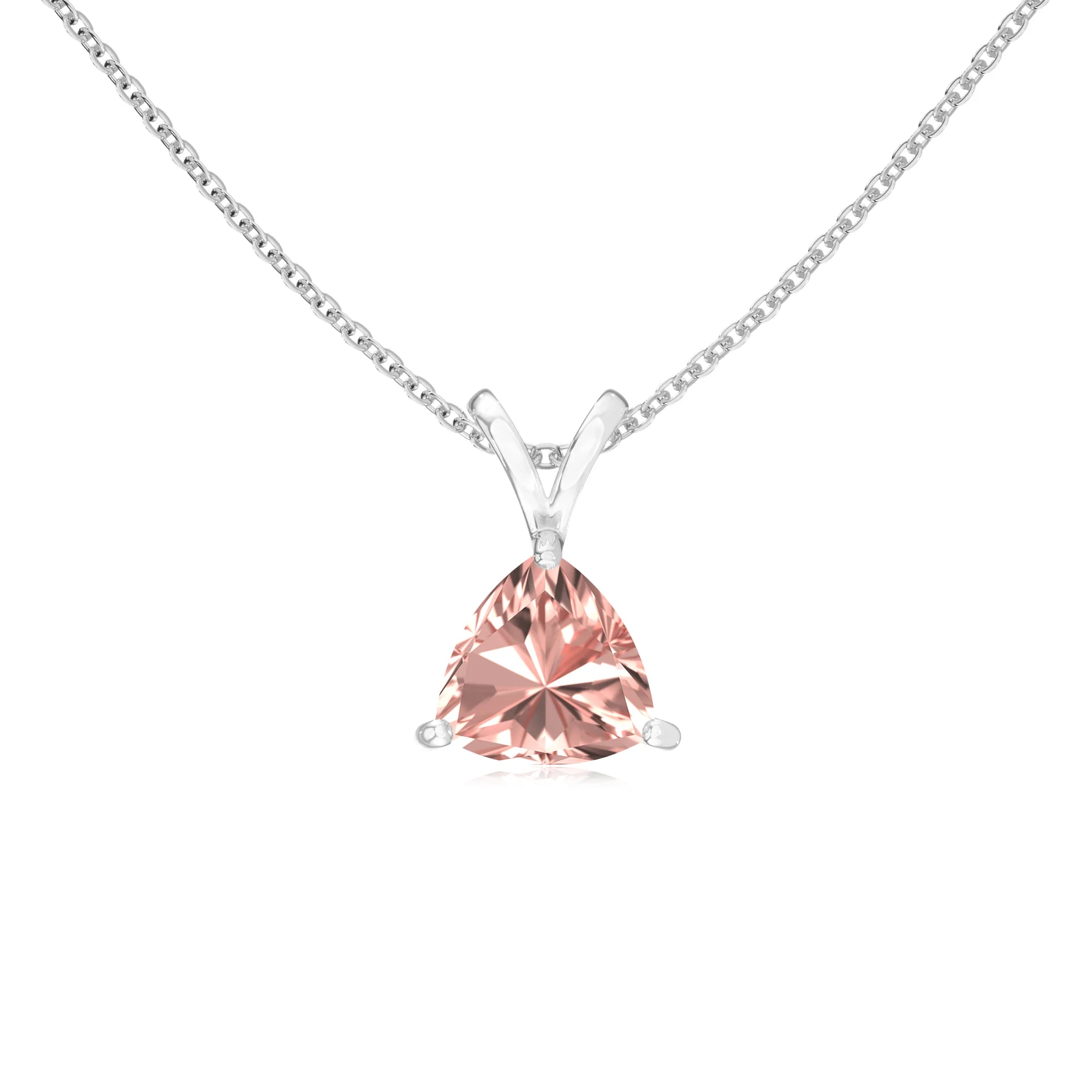 lab grown morganite trillion solitaire v-bale necklaces in platinum