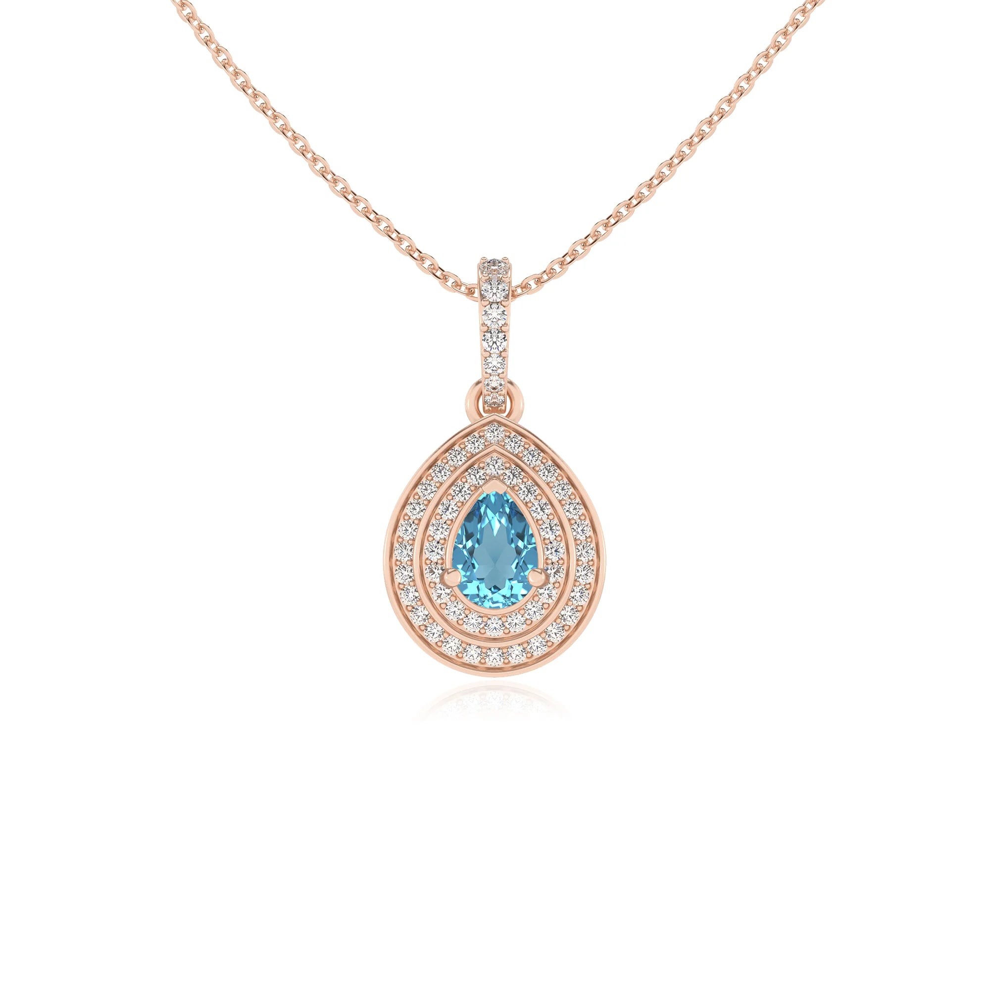 natural swiss-blue-topaz pear halo necklaces in rose gold