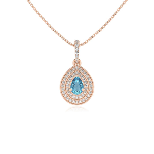 natural swiss-blue-topaz pear halo necklaces in rose gold
