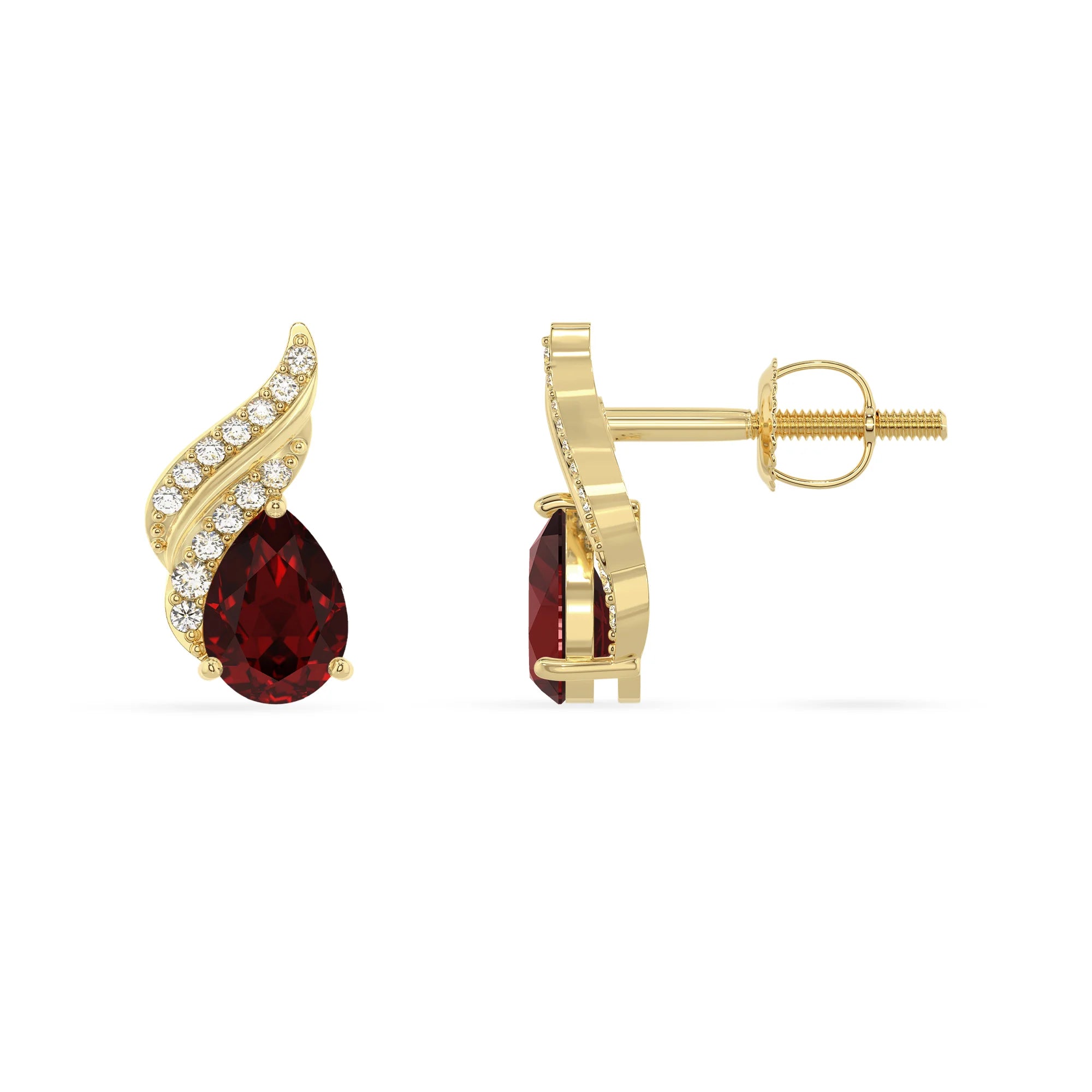natural garnet pear stud earrings in yellow gold