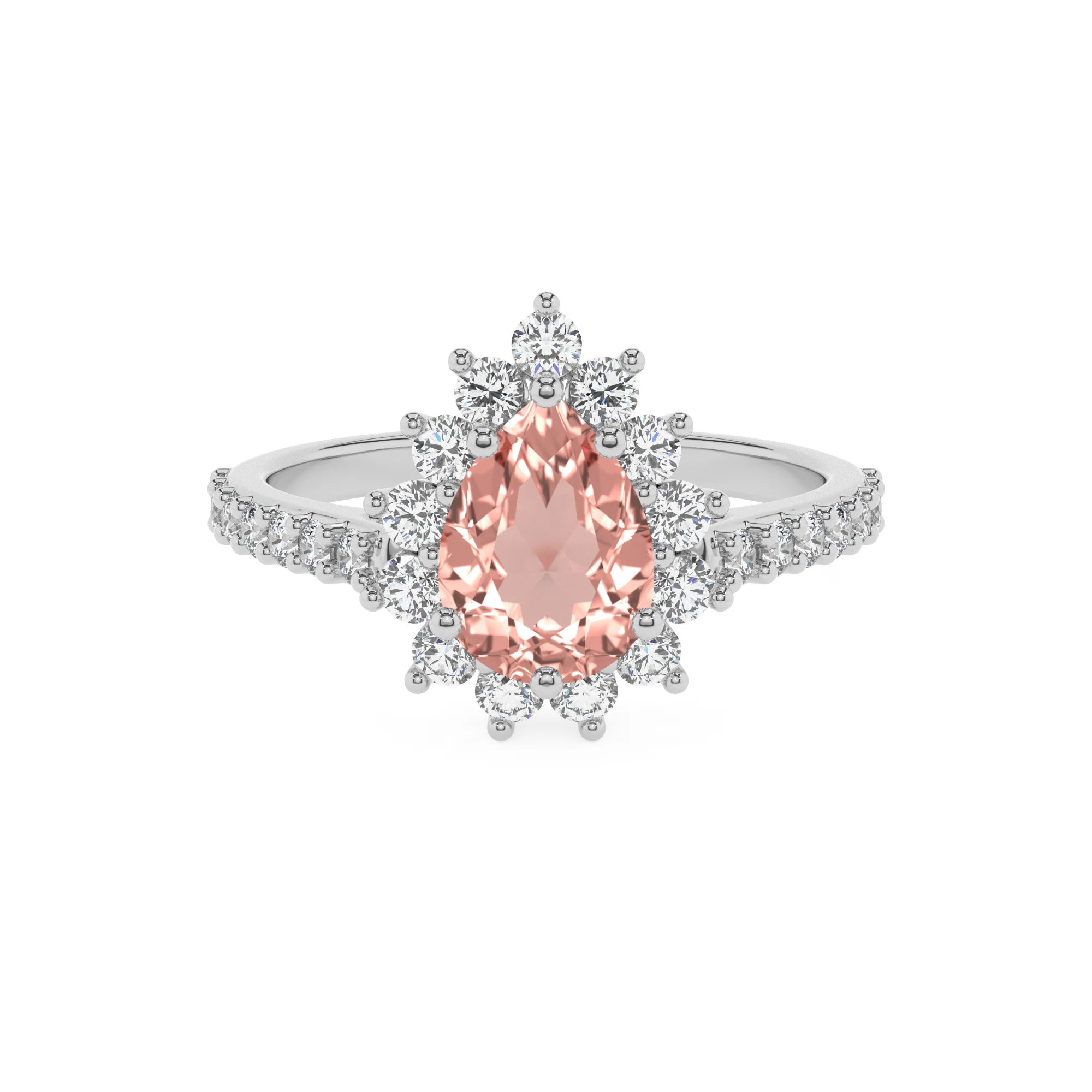 lab grown morganite pear solitaire rings in platinum