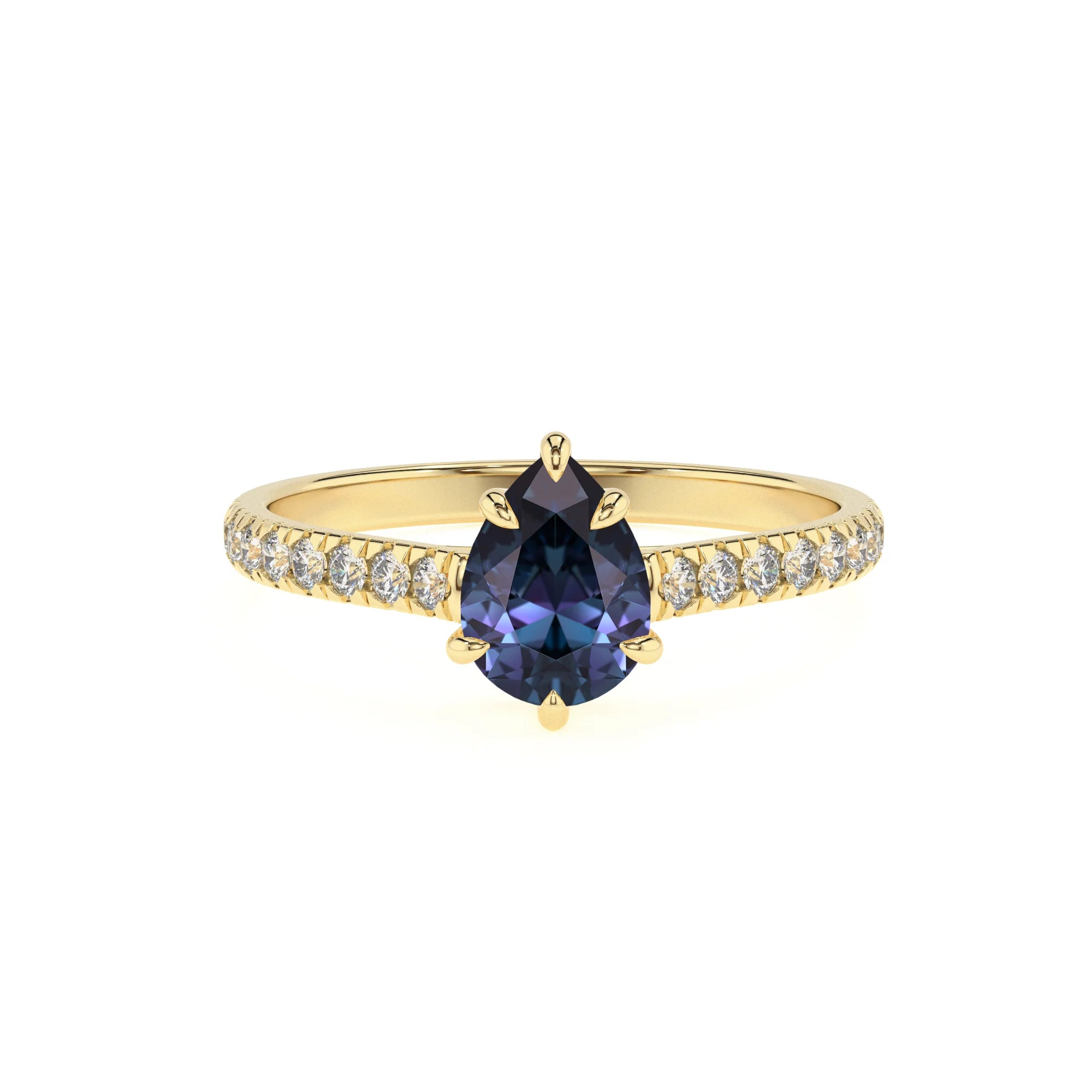 lab grown alexandrite pear half eternity solitaire engagement rings in yellow gold