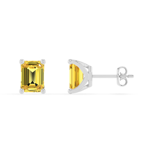 lab grown yellow sapphire emerald cut stud earrings in platinum