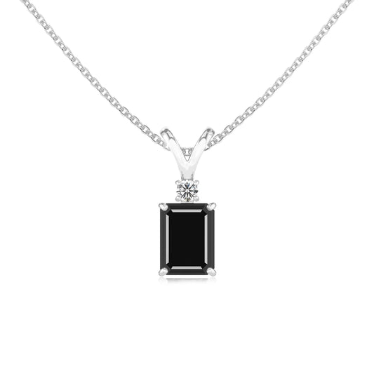 natural black-onyx emerald cut solitaire v-bale necklaces in platinum