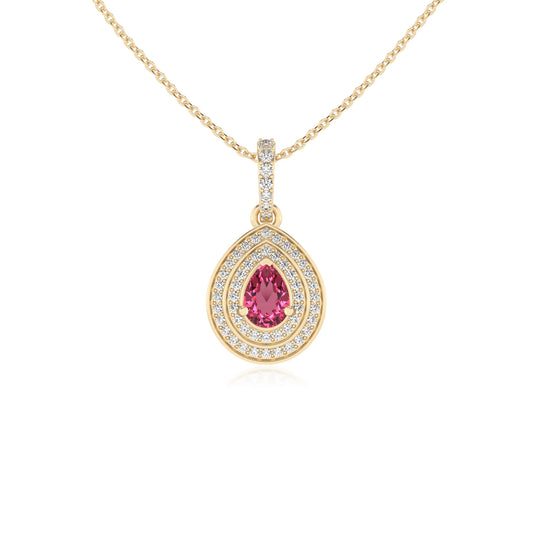 lab grown pink-tourmaline pear halo necklaces in yellow gold