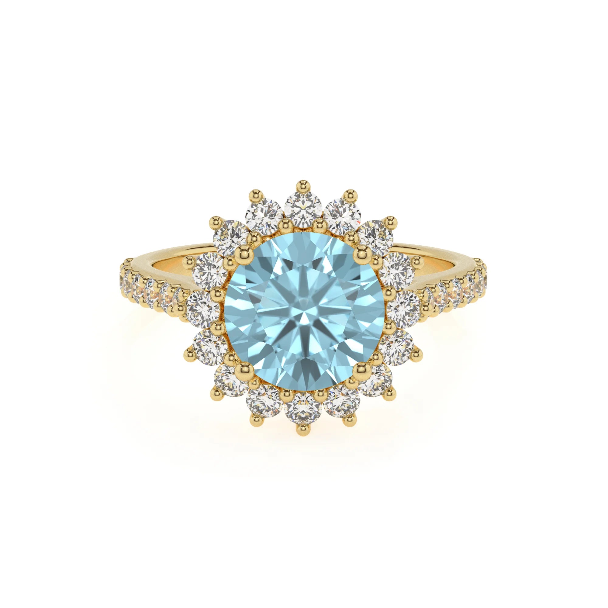 lab grown aquamarine round solitaire rings in yellow gold