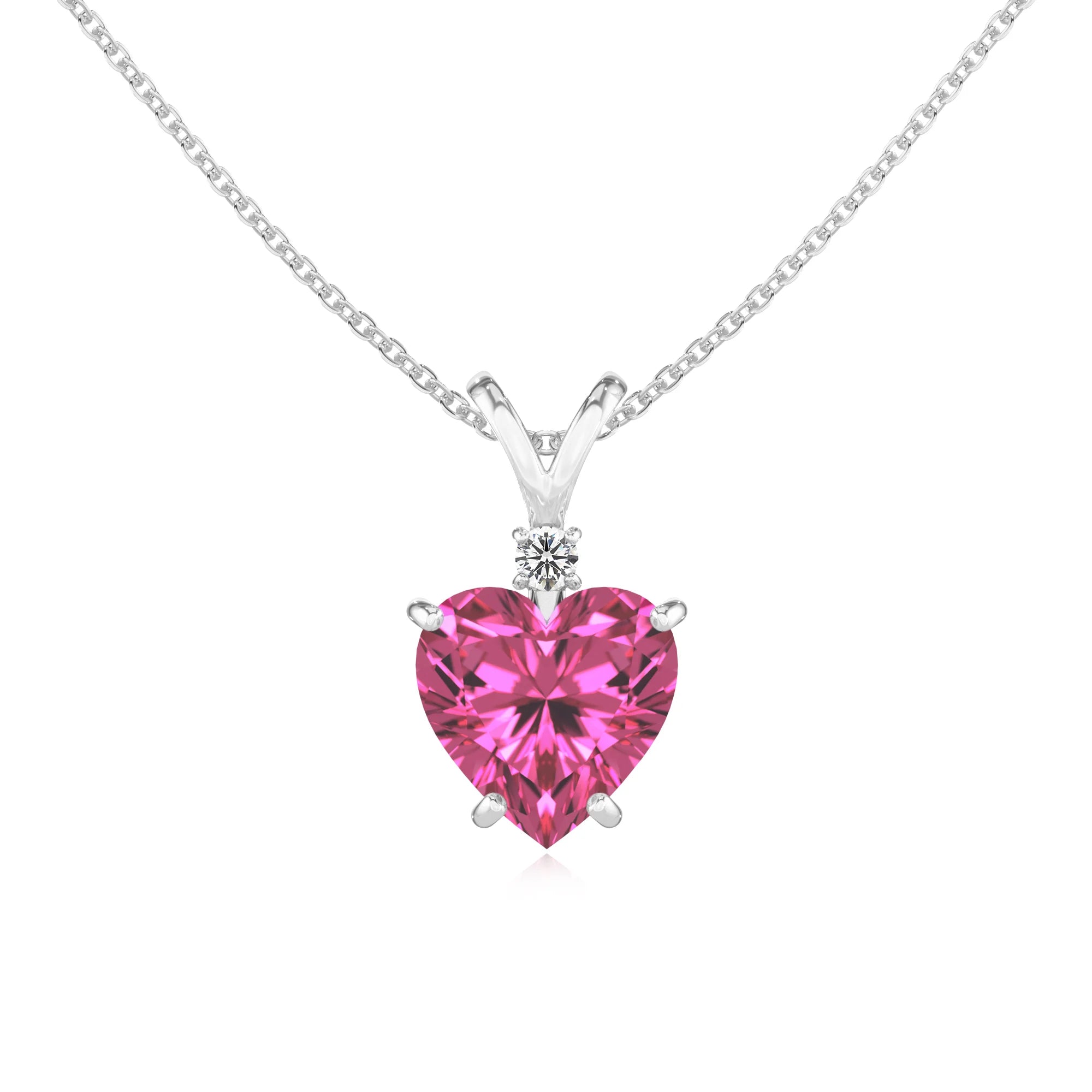 lab grown pink-sapphire heart solitaire v-bale necklaces in sterling silver