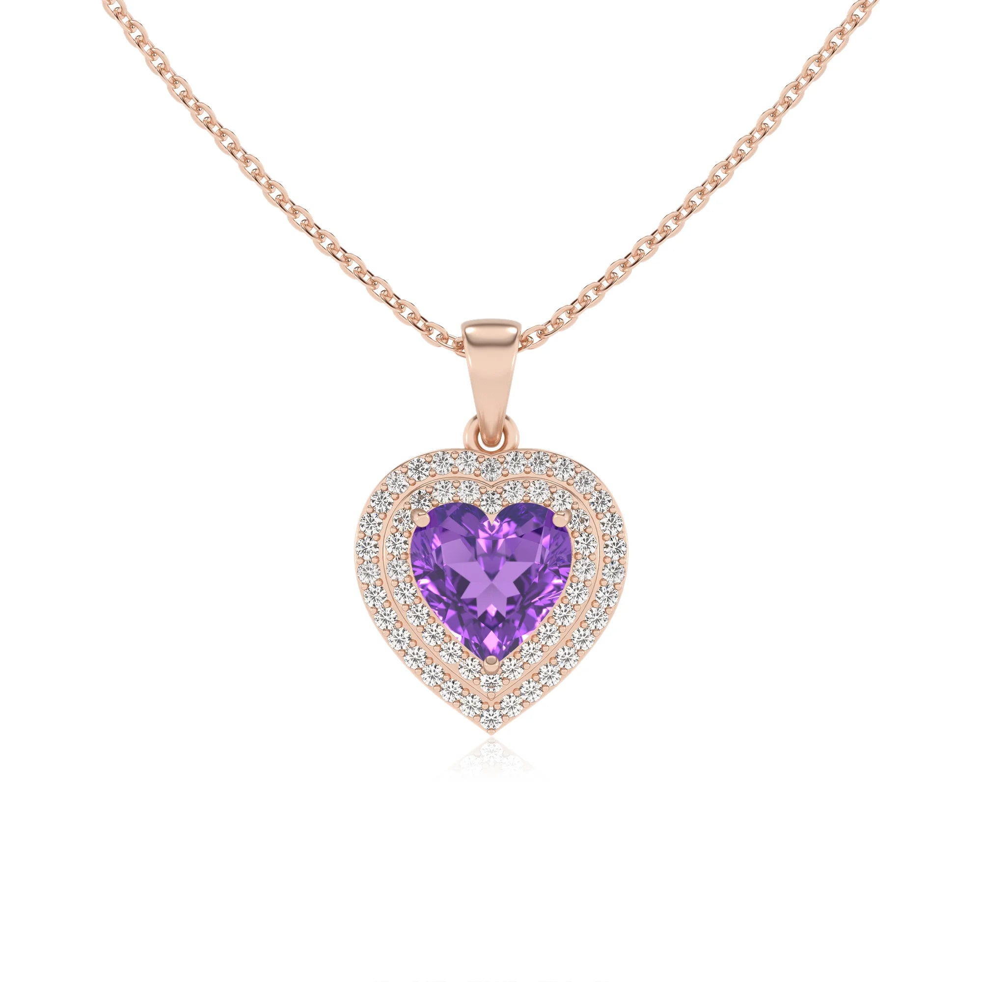 lab grown amethyst heart halo necklaces in rose gold