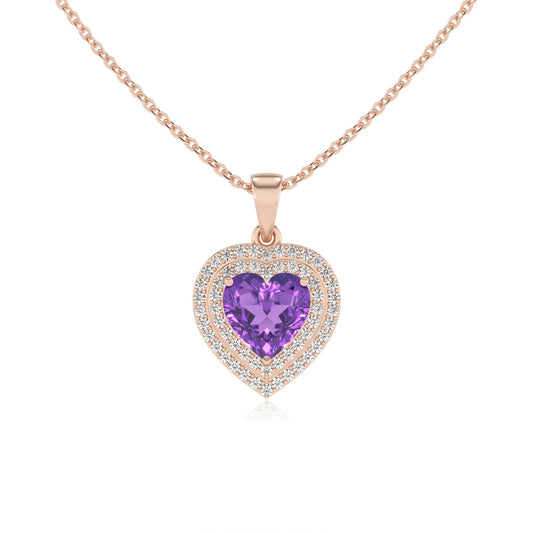 lab grown amethyst heart halo necklaces in rose gold