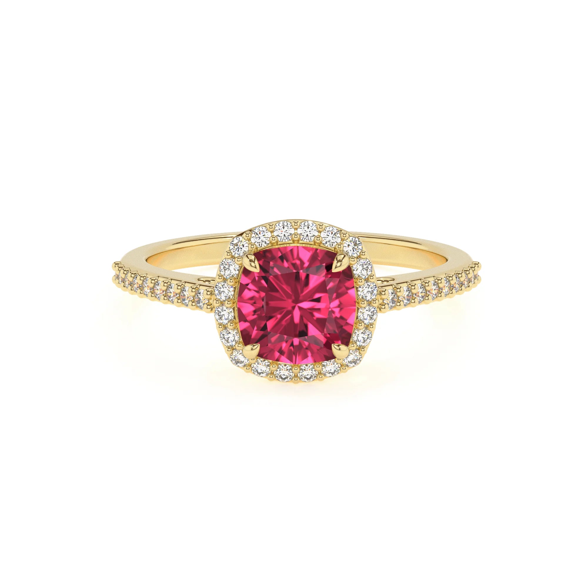 lab grown pink-tourmaline cushion solitaire rings in yellow gold