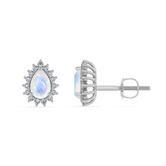 natural rainbow moonstone pear stud earrings in platinum