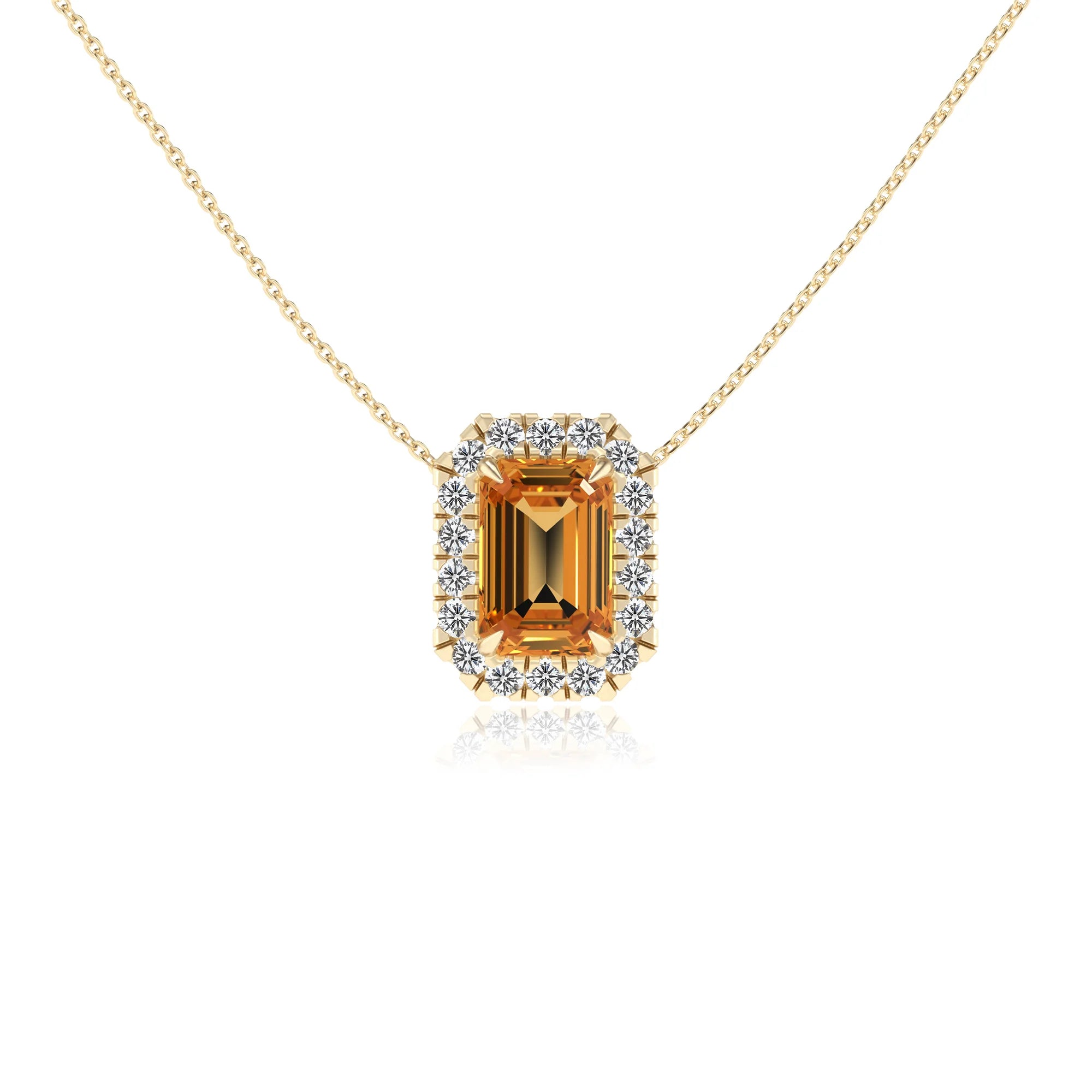 lab grown citrine emerald cut solitaire necklaces in yellow gold