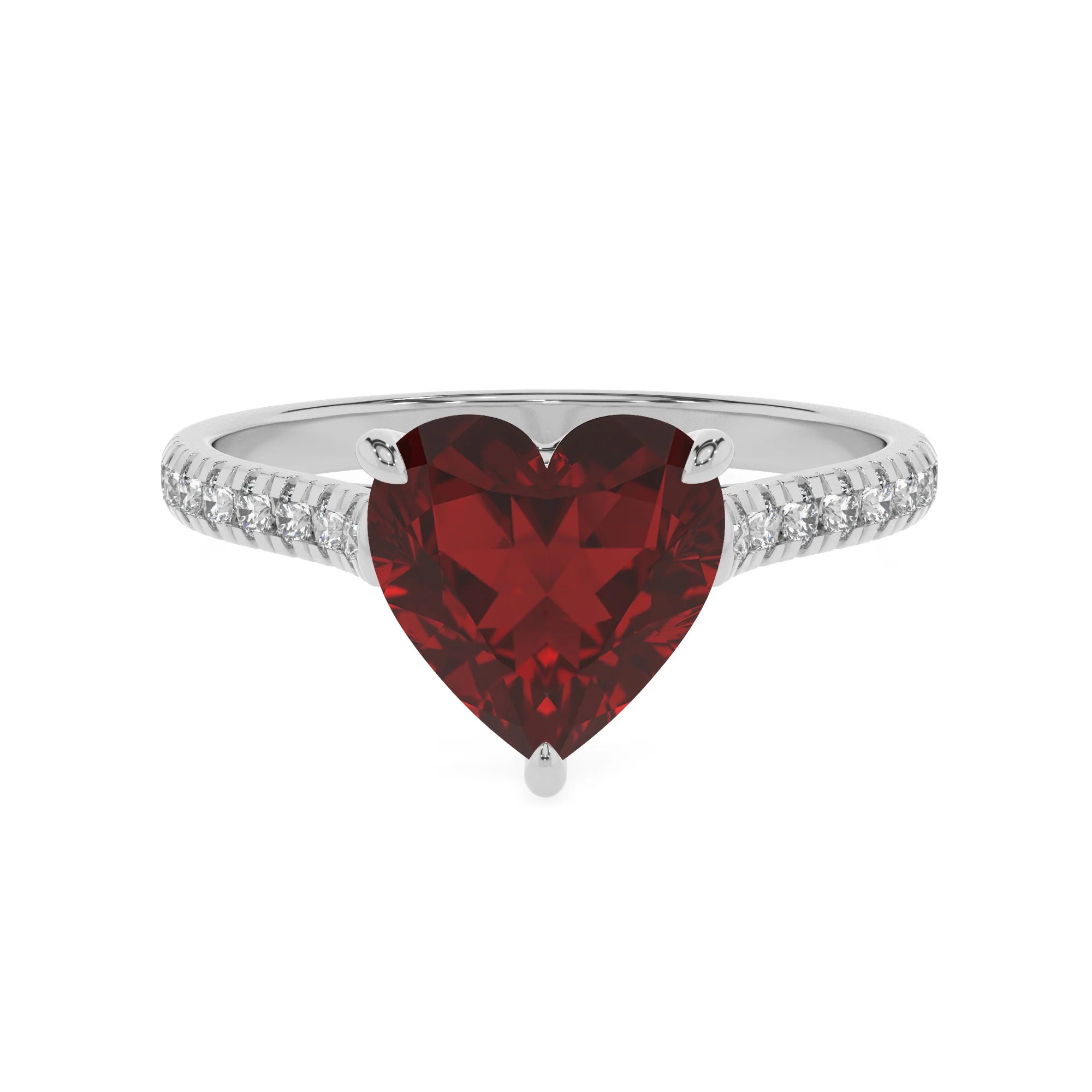 natural garnet heart half eternity solitaire engagement rings in white gold