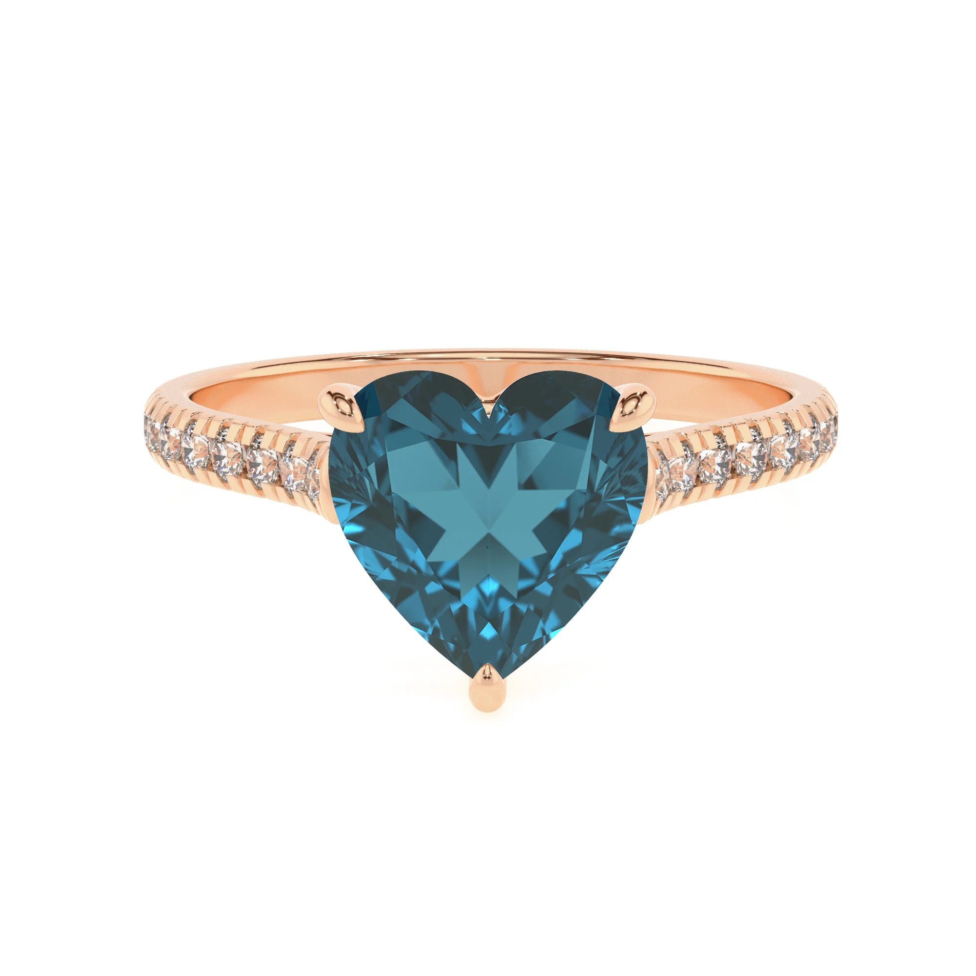 natural london-blue-topaz heart half eternity solitaire engagement rings in rose gold