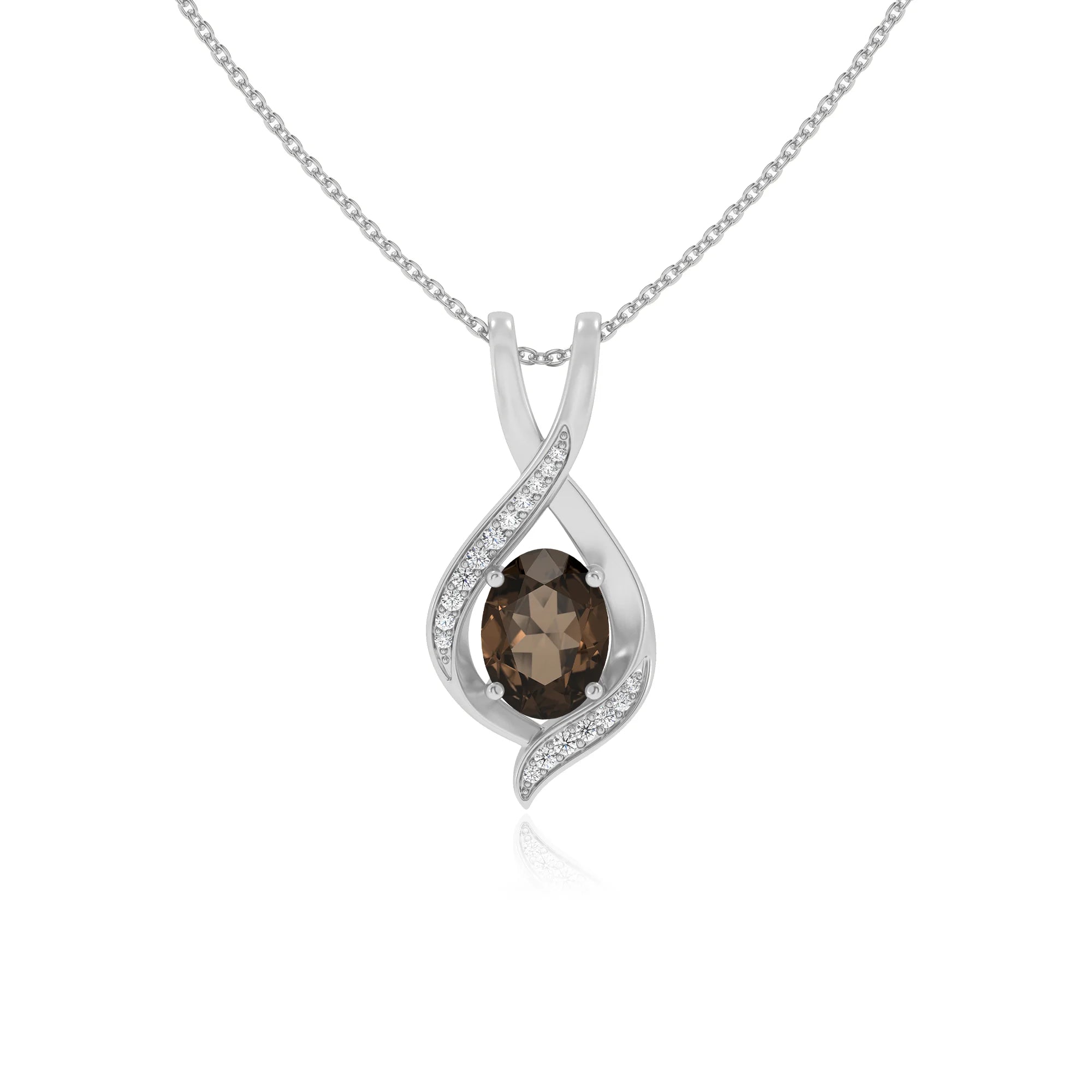 natural smoky-quartz oval solitaire necklaces in white gold