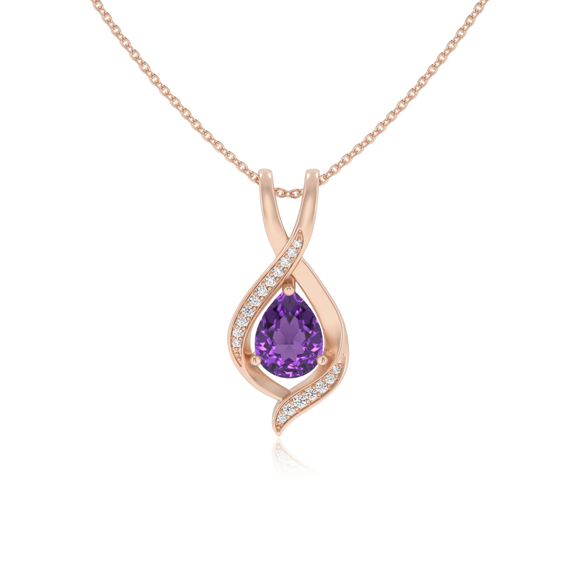 lab grown amethyst pear solitaire necklaces in rose gold
