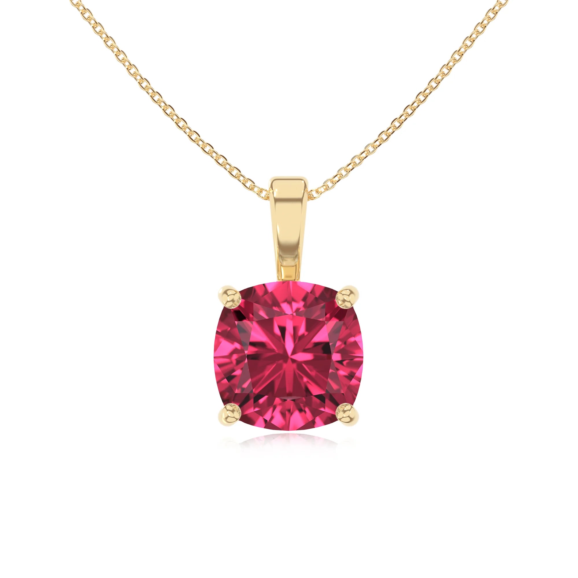 lab grown pink-tourmaline cushion solitaire necklaces in yellow gold