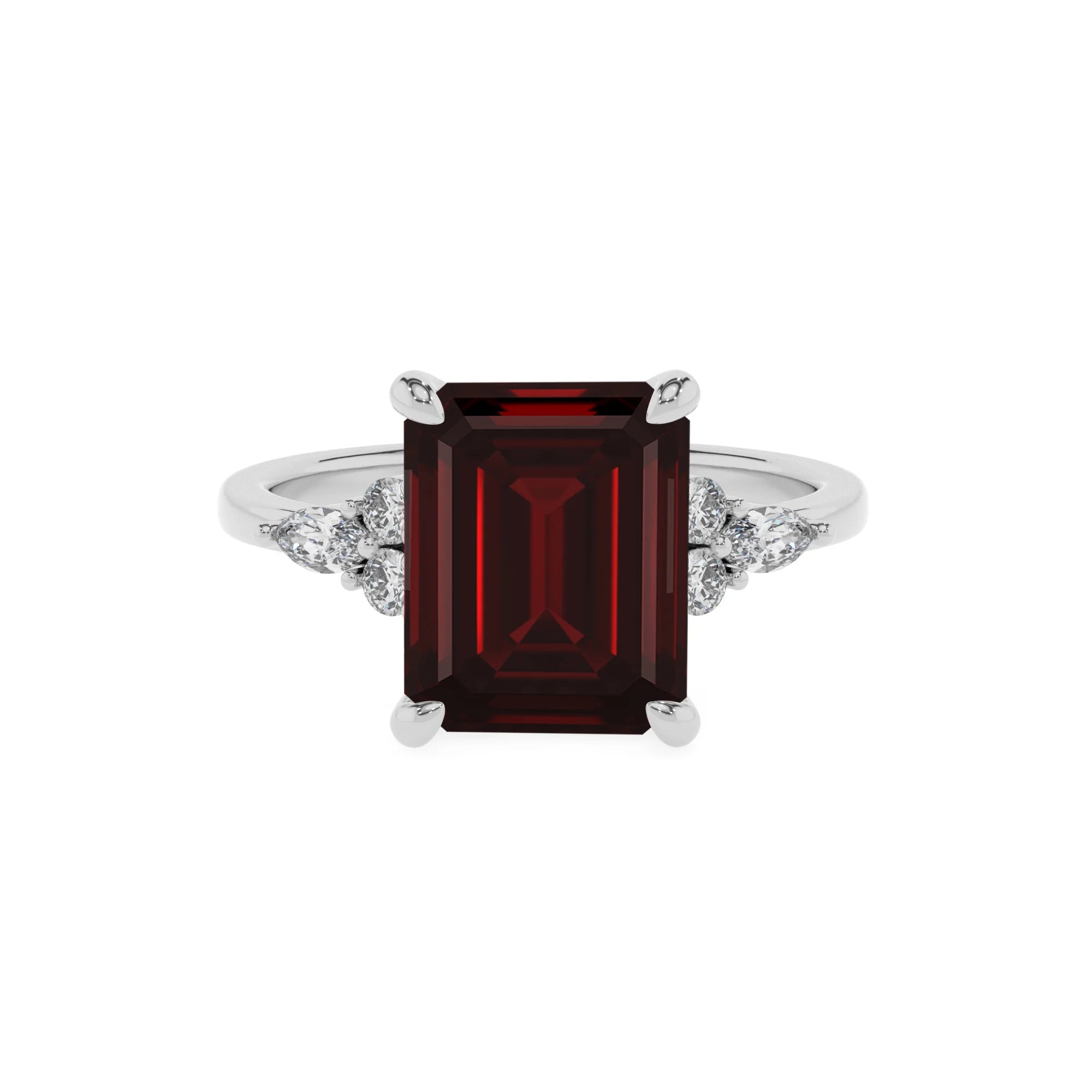 natural garnet emerald cut solitaire rings in platinum