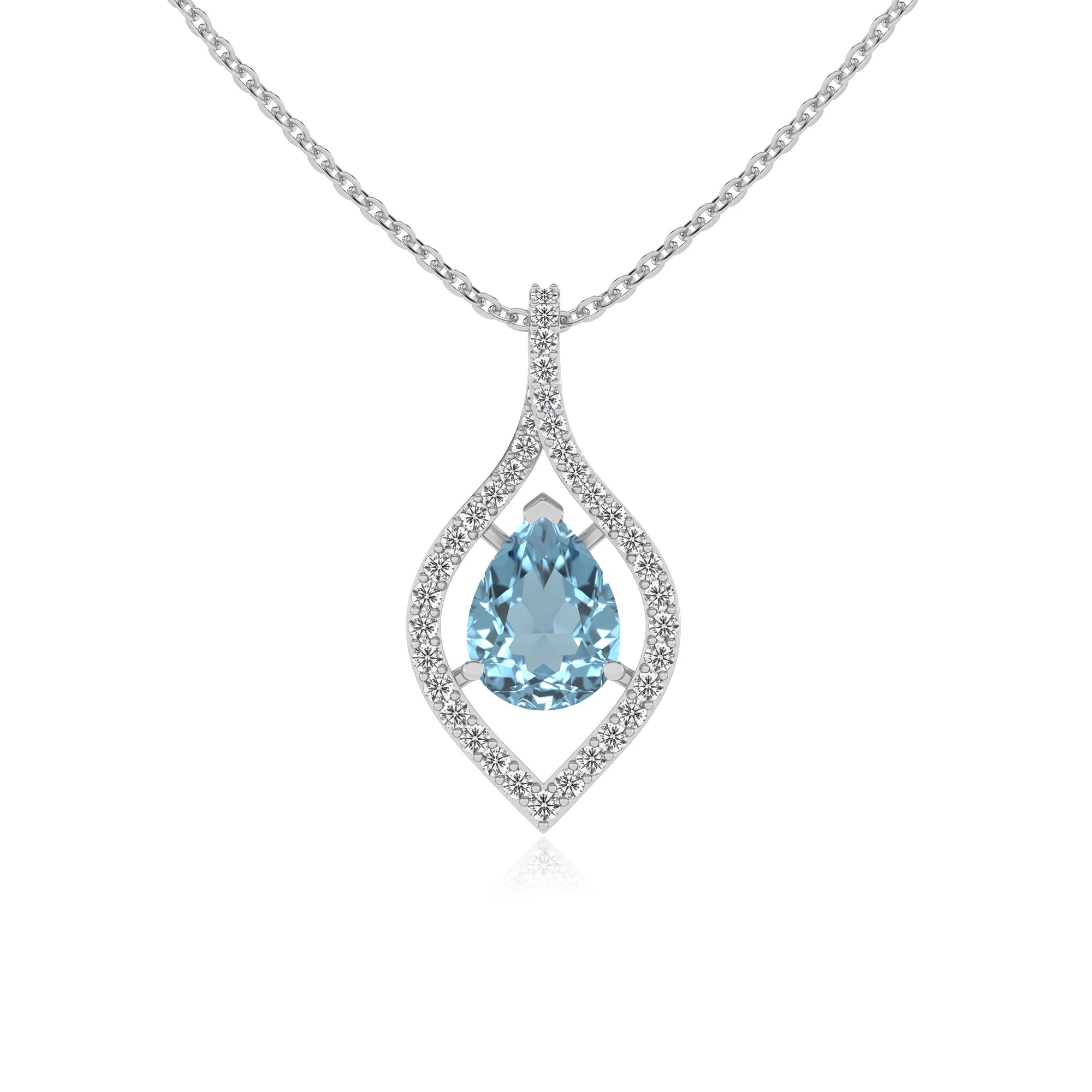 lab grown aquamarine pear infinity necklaces in white gold